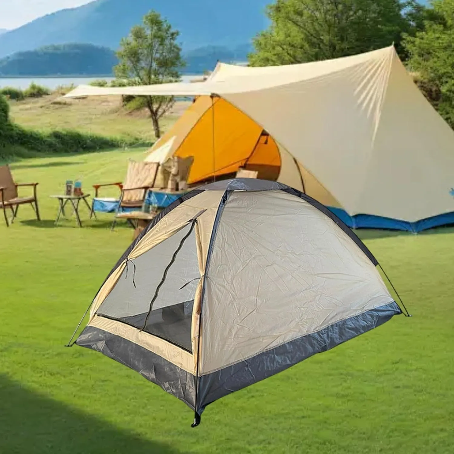 Two Person Camping Tent Outdoor Tent Shade Canopy Fiberglass Poles Easy Quick Setup Foldable for Picnic Outdoor Activities