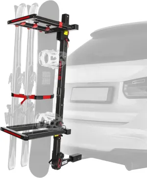 Tyger Auto TG-RK1B707B Folding Hitch-Mounted Ski/Snowboard Rack Fits 2" or 1.25" Receiver Carries 6 Pair Skis or 4 Snowboards | Key Lock | Security Strap | Vertical Adjustable | Tilt Access