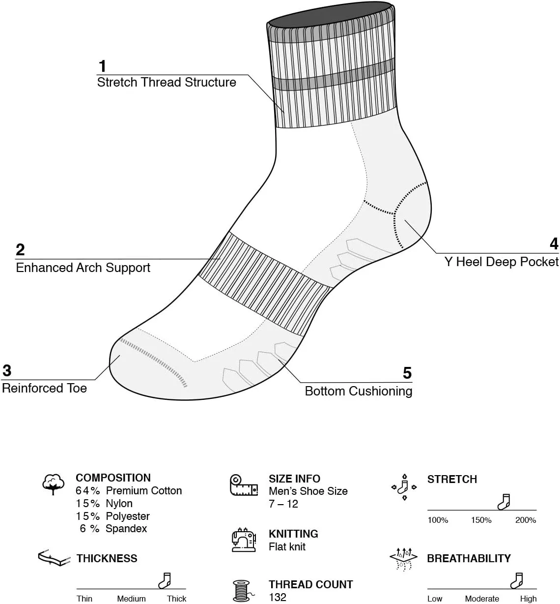 u&i Men's Performance Cushion Cotton Athletic Quarter Crew Socks (4-Pack/8-Pack)