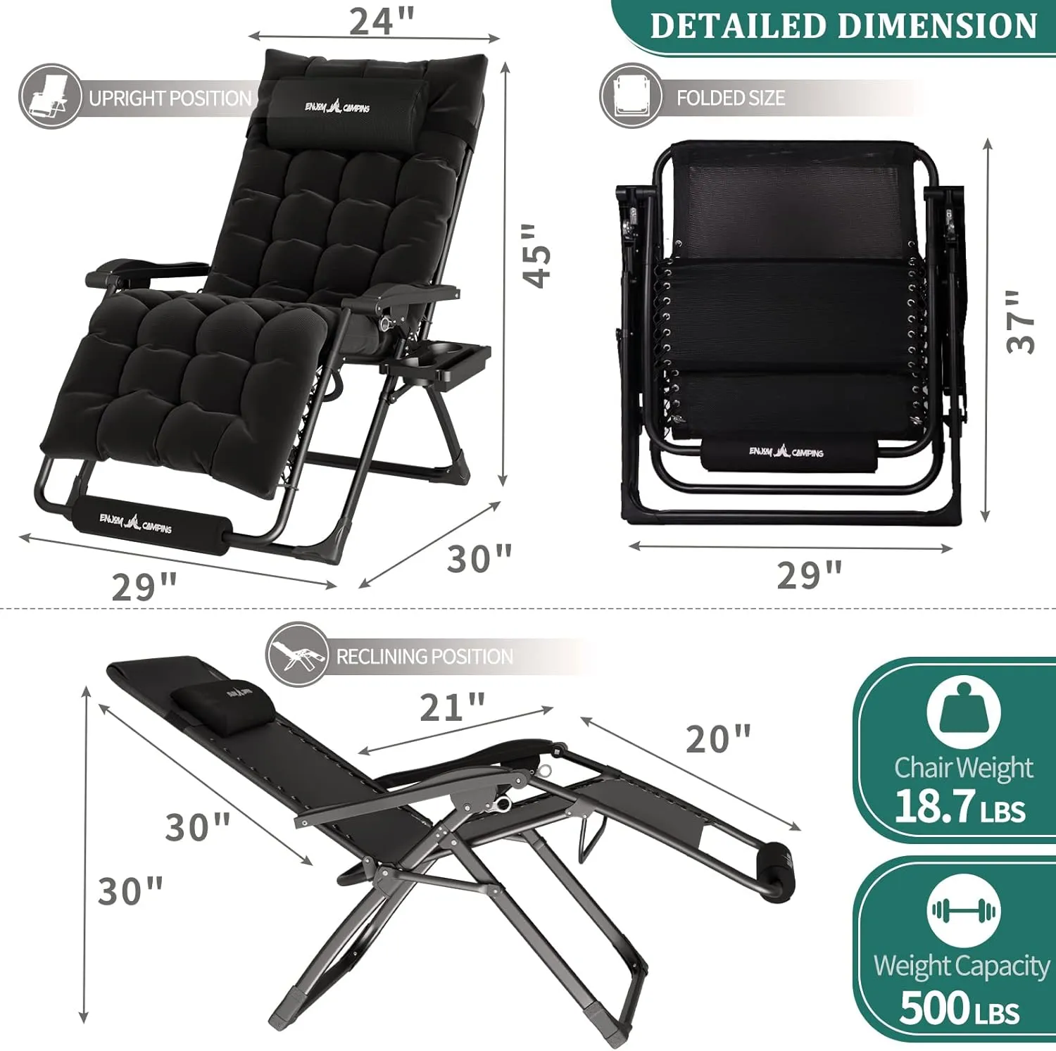 UDPATIO Oversized Zero Gravity Chair 29In XL Patio Reclining Chair with Cushion, Outdoor Folding Recliner with Pillows|Cup Holder|Foot Rest|Padded Headrest, Black, Support 500LB