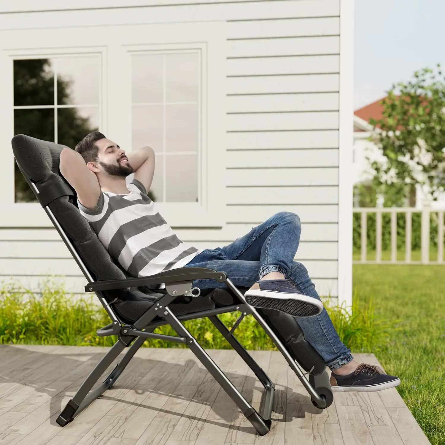 UDPATIO Oversized Zero Gravity Chair 29In XL Patio Reclining Chair with Cushion, Outdoor Folding Recliner with Pillows|Cup Holder|Foot Rest|Padded Headrest, Black, Support 500LB