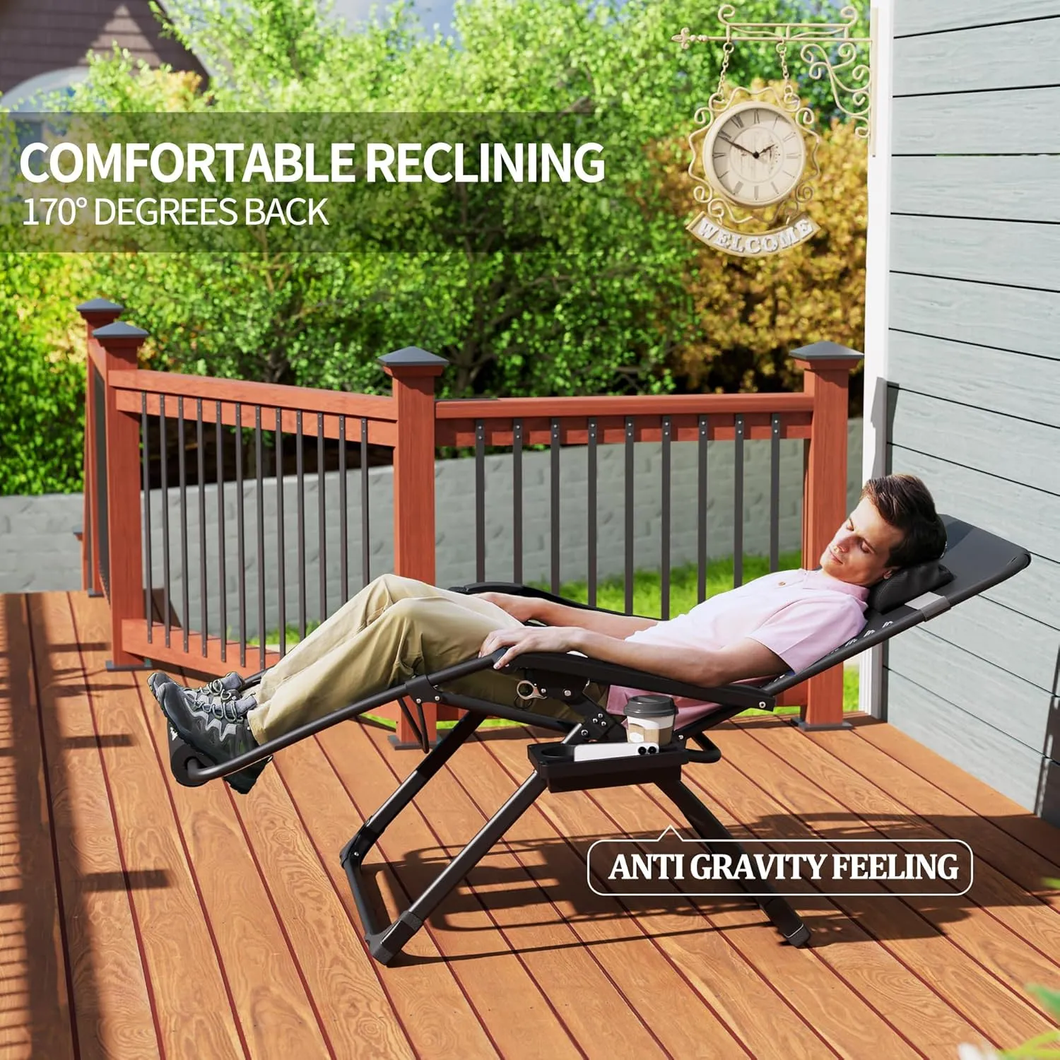 UDPATIO Oversized Zero Gravity Chair 29In XL Patio Reclining Chair with Cushion, Outdoor Folding Recliner with Pillows|Cup Holder|Foot Rest|Padded Headrest, Black, Support 500LB