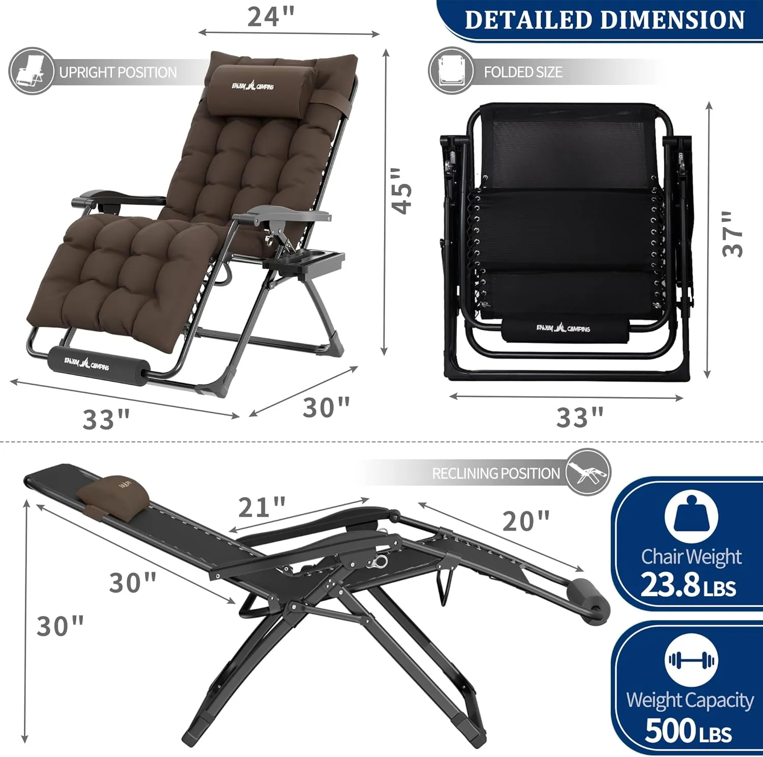 UDPATIO Oversized Zero Gravity Chair, 33In XXL Patio Reclining Chair with Cushion, Outdoor Folding Recliner with Pillows|Cup Holder|Foot Rest|Padded Headrest, Brown Grey, Support 500LB