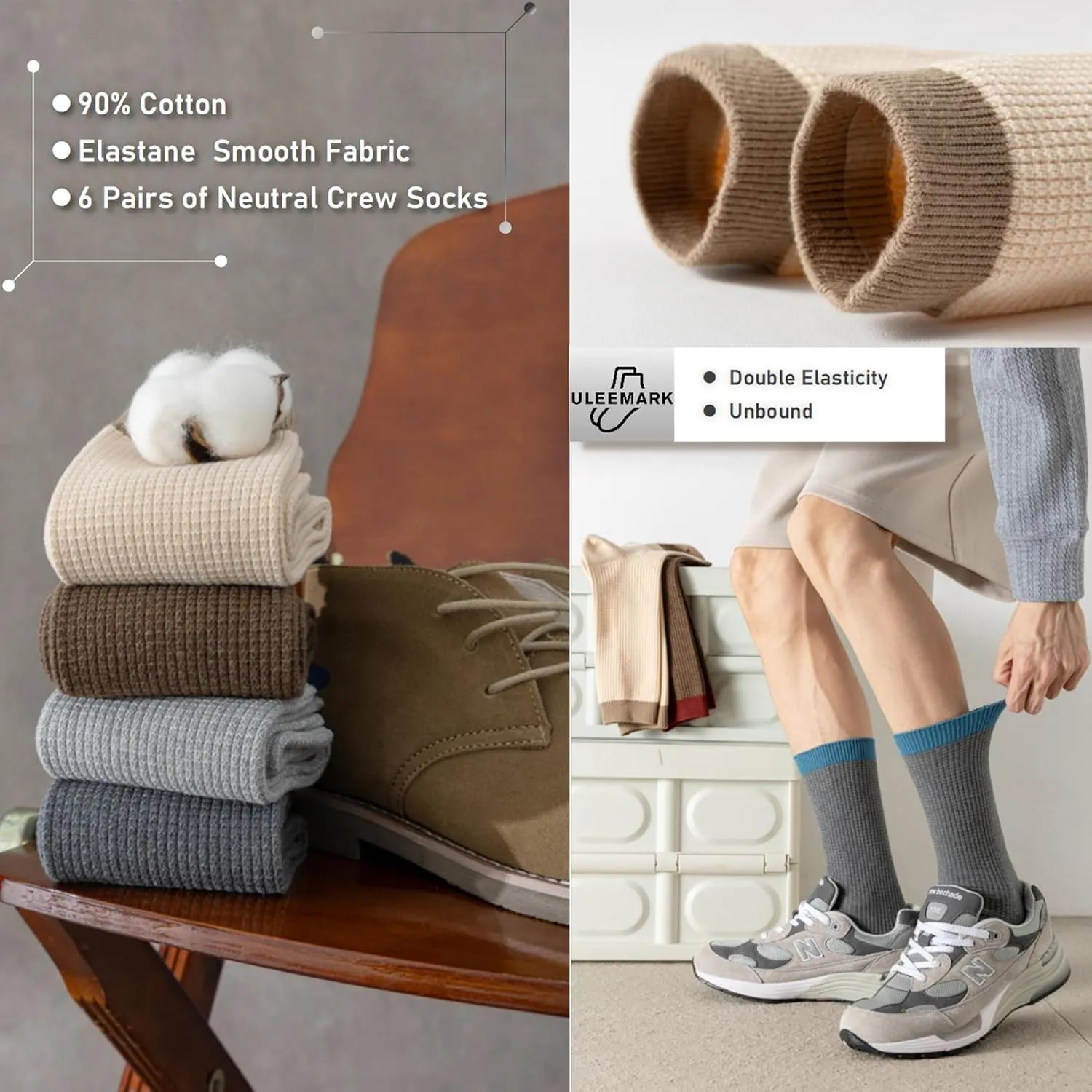 ULEEMARK 6-Pack Men's Cotton Crew Socks for Work & Daily Wear, Soft Comfortable Breathable Casual Socks, Size 7-15