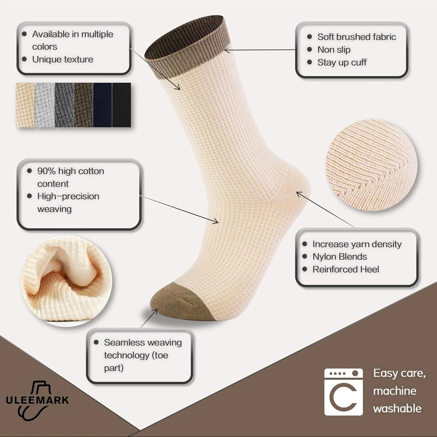 ULEEMARK 6-Pack Men's Cotton Crew Socks for Work & Daily Wear, Soft Comfortable Breathable Casual Socks, Size 7-15