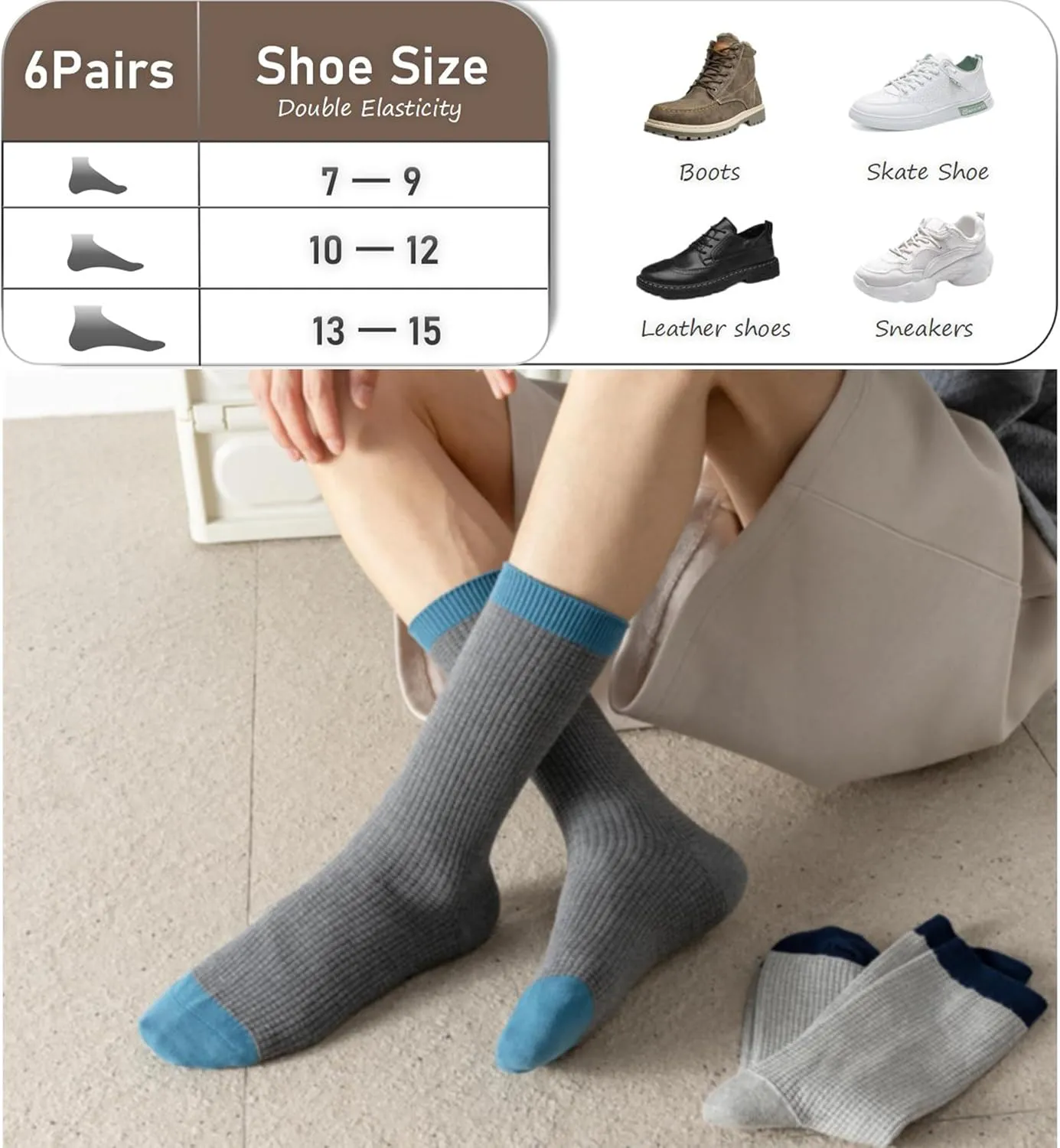 ULEEMARK 6-Pack Men's Cotton Crew Socks for Work & Daily Wear, Soft Comfortable Breathable Casual Socks, Size 7-15