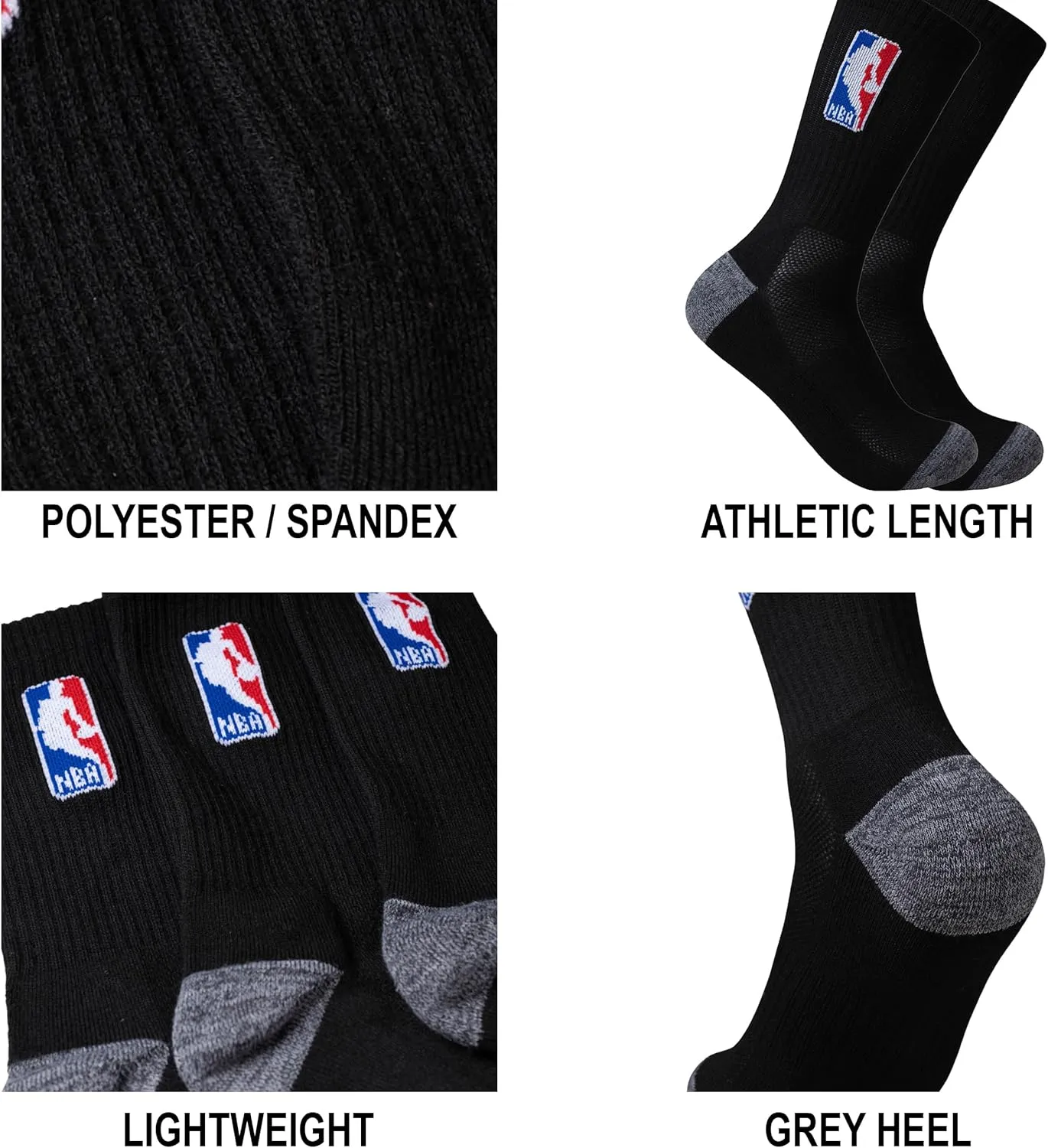 Ultra Game Men's NBA Official Athletic Cushioned Secure Fit Crew Socks-6 Pack