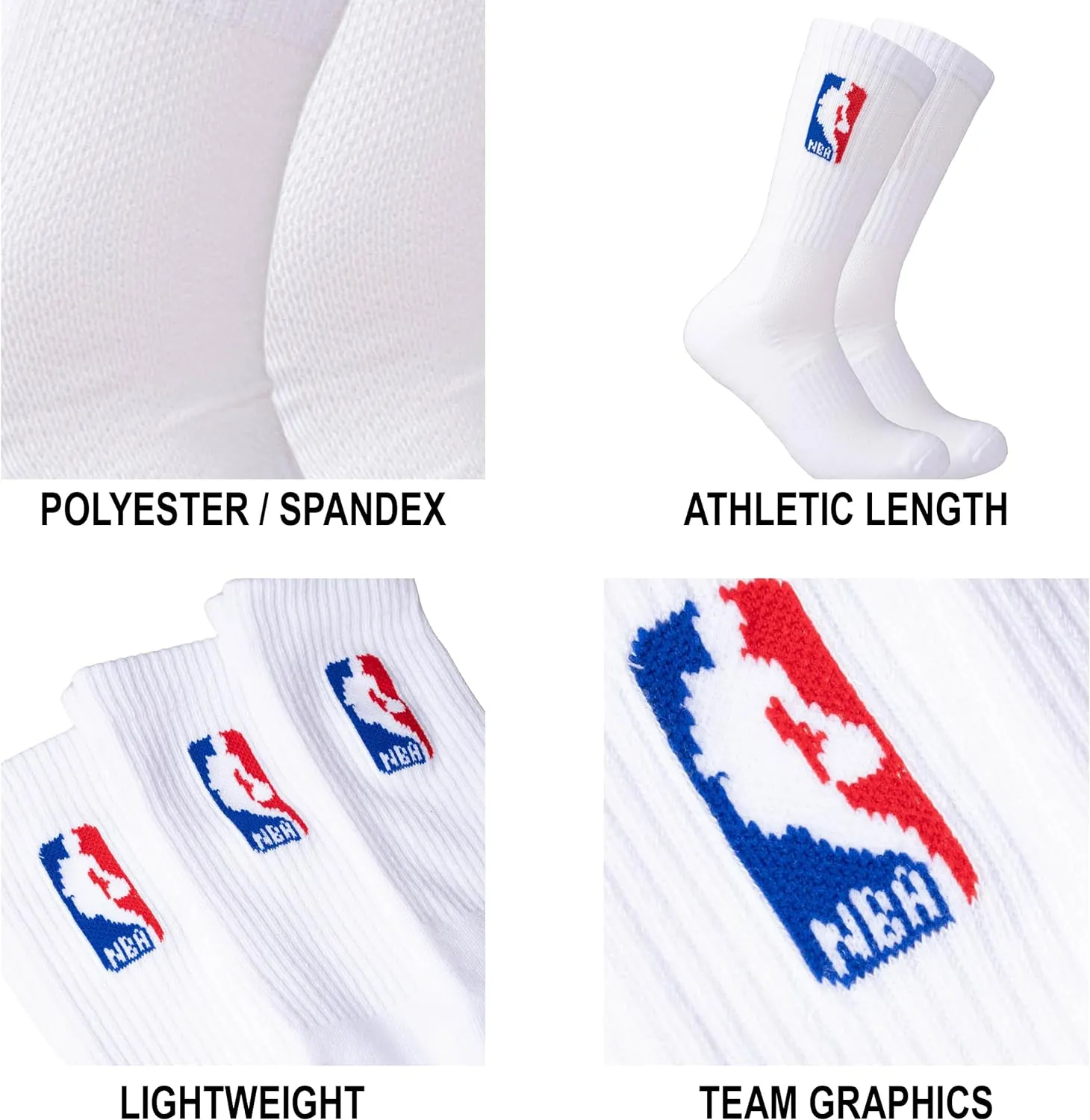 Ultra Game Youth NBA Official Athletic Cushioned Secure Fit Crew Socks-6 Pack