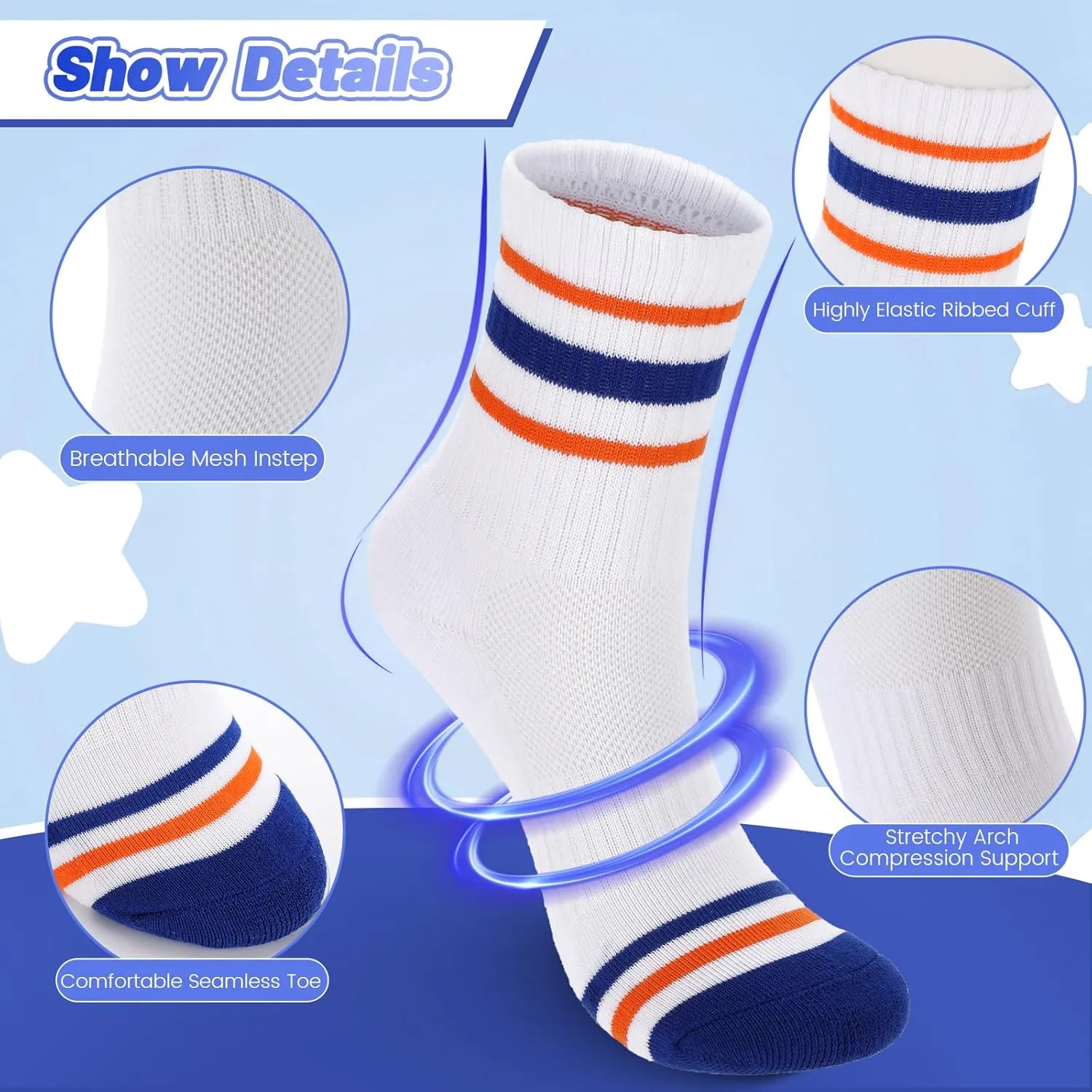 Ultrafun 4 Pairs Kids Boys Girls Socks Breathable Cushioned Cotton Athletic Crew Socks with Retro Stripes