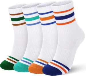 Ultrafun 4 Pairs Kids Boys Girls Socks Breathable Cushioned Cotton Athletic Crew Socks with Retro Stripes