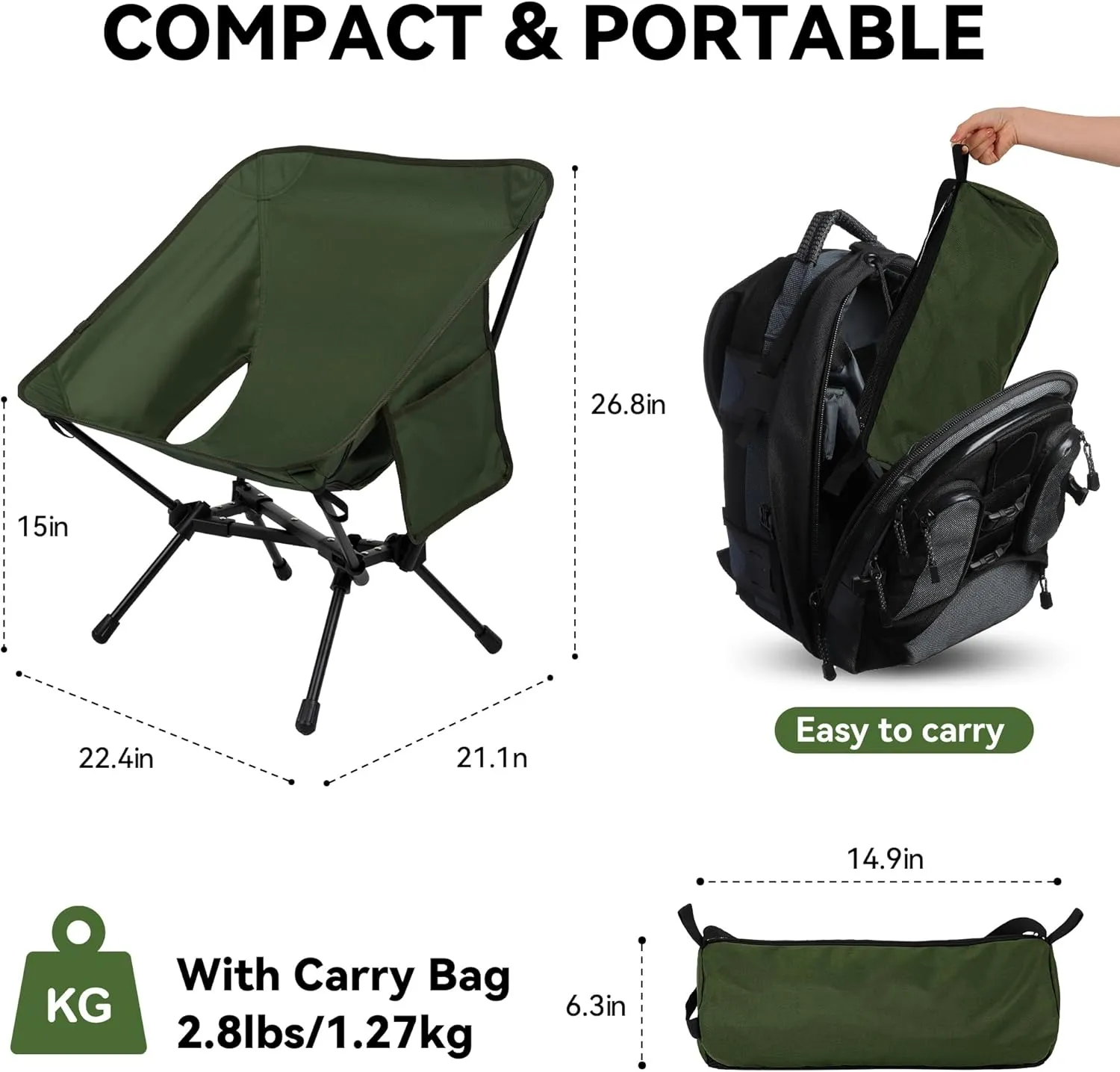 Ultralight Camping Chair, Portable Folding Backpacking Chair, Compact Camping Chair with Carry Bag for Outdoor Camp Hiking Backpack Beach Travel (Green)