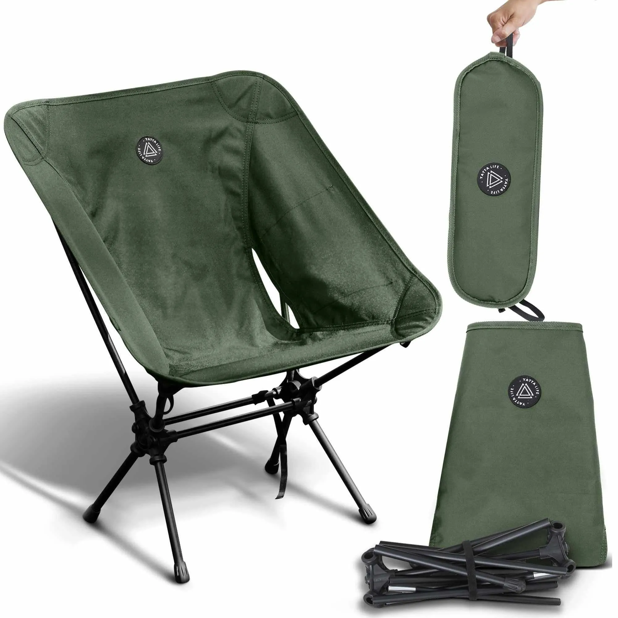 Ultralight Folding Camping Chair with Storage Pouch - Khaki, Low Back Design