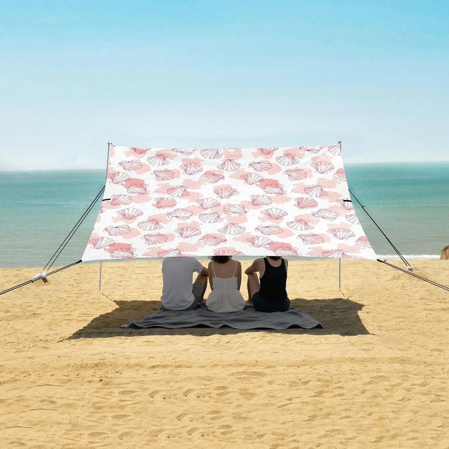 Undersea Shell Pink Pattern Beach Canopy Tent Anti-UV & Wind Resistant, Camping Sun Shelter Easy Setup Portable,Outdoor Shade Tents with Sandbags,Sand Shovels,Ground Pegs & Stability Poles