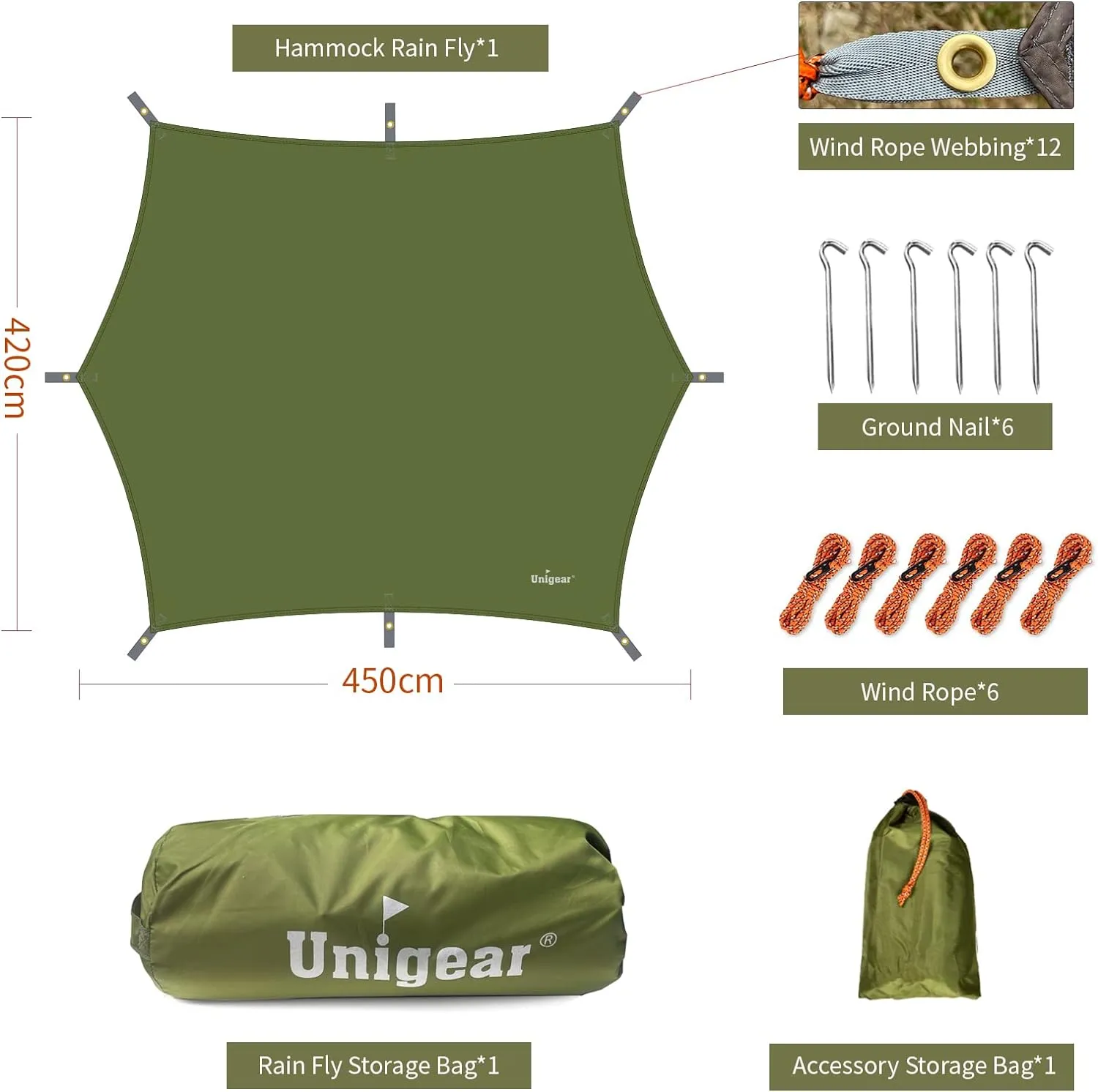 Unigear Hexagon Hammock Rain Fly,15x14FT/12x10FT Multifunctional Waterproof Camping Tarp,Lightweight and Compact Tent Tarp for Backpacking, Hiking, Traveling
