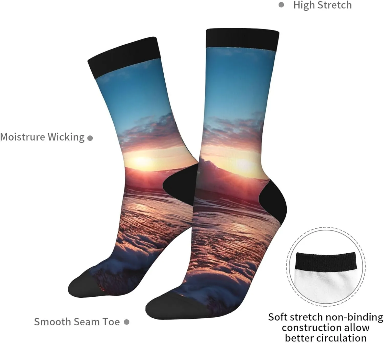 Unisex Crew Socks Casual Athletic Socks Ocean Tide Waves Novelty Socks Breathable Running Socks for Adult