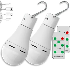 USB Rechargeable Light Bulbs with Remote, 4 Light Modes   Timer, 1200 mAh Rechargeable Battery, Portable LED Tent Light Bulbs for Home Emergency Camping Tent (Pack of 2)