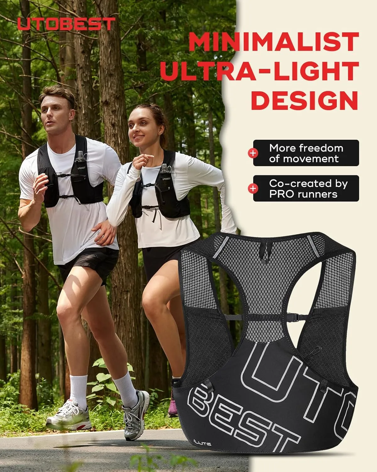 UTOBEST Running Vest for Women Men, Ultra-Light Minimalist Hydration Vest, Breathable Reflective Running Gear for Trail Hiking Jogging