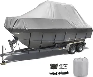 V Hull Boat Covers,Trailerable Waterproof Anti-UV Boat Cover 420D Marine Grade Oxford Fabric Boat Center Console Cover Deck Boat Tarp Mooring Covers for Boats(Color:Gray,Size:12to14FT:450x230cm)