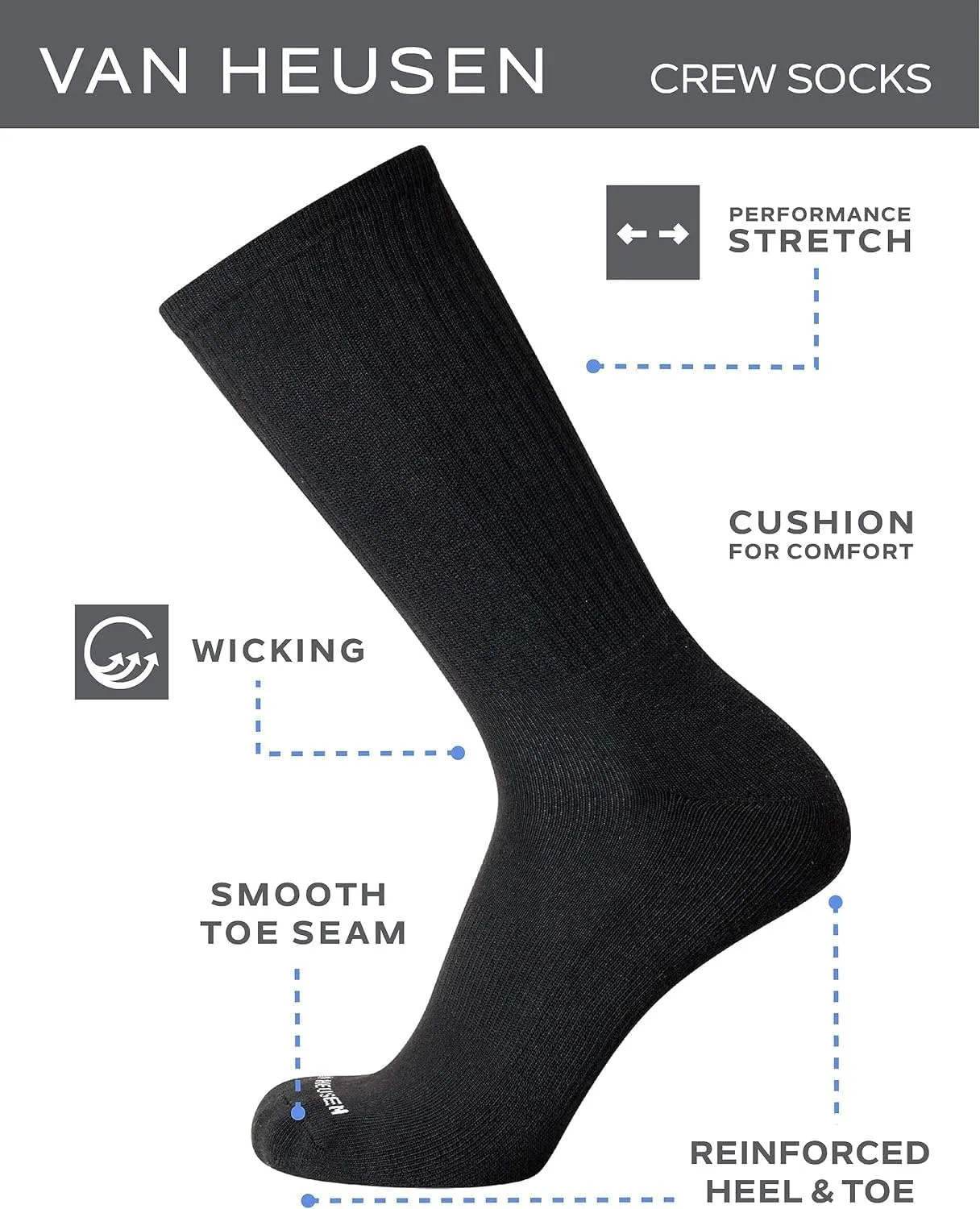 Van Heusen Mens Crew Socks - 10 Pack Performance Stretch Cushioned Breathable Athletic Socks for Men (Size: 6-12.5)
