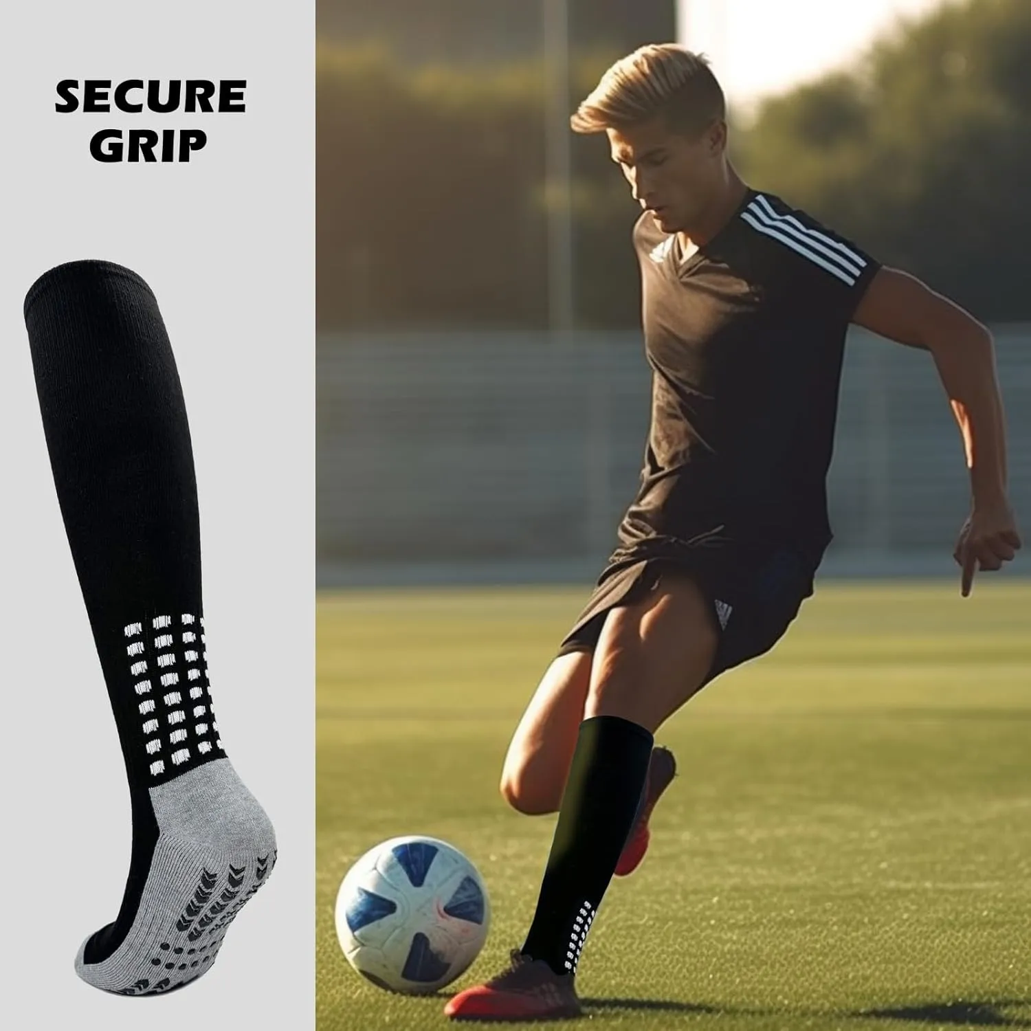 Vegove Men's Cushioned Soccer Sock with Grip Non Slip Sports Socks Knee High Compression Base Football Basketball Socks