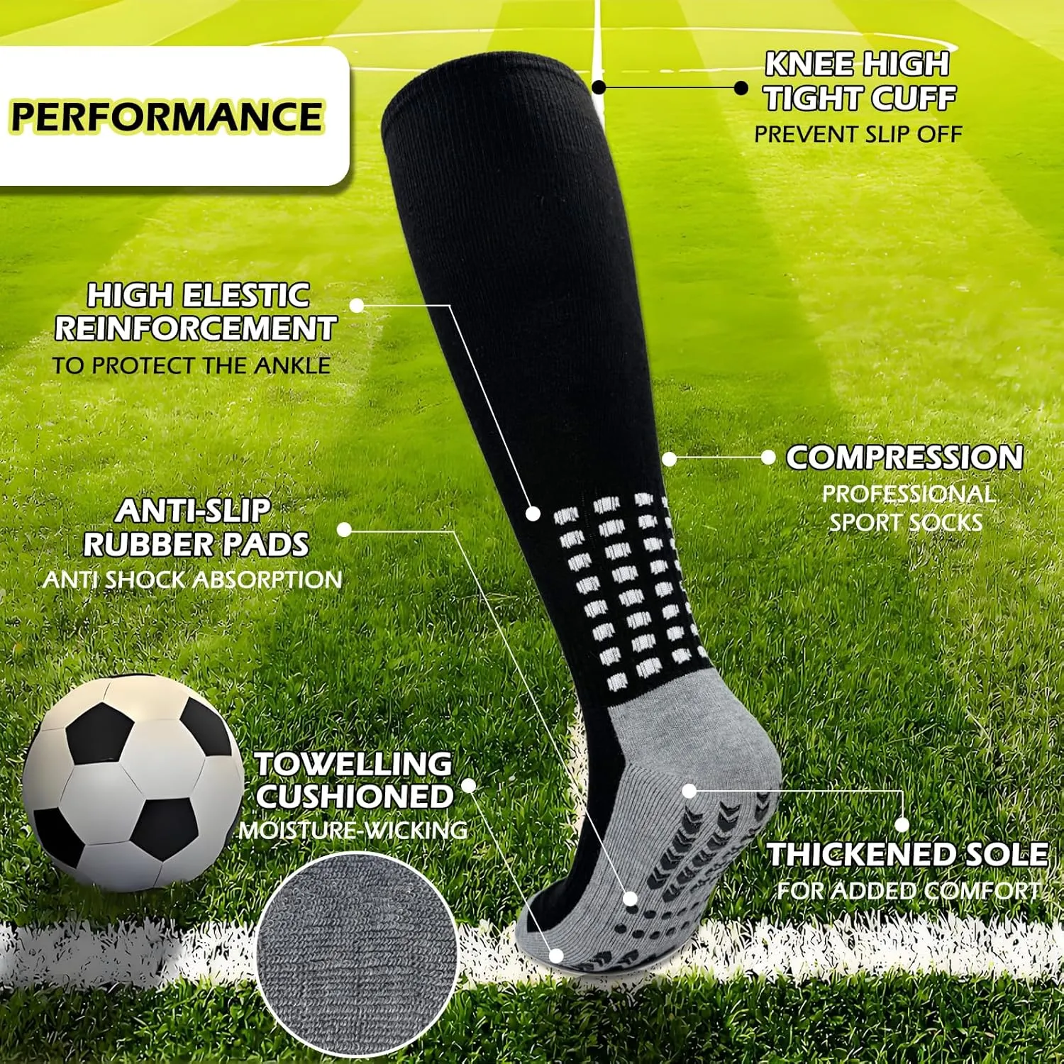 Vegove Men's Cushioned Soccer Sock with Grip Non Slip Sports Socks Knee High Compression Base Football Basketball Socks