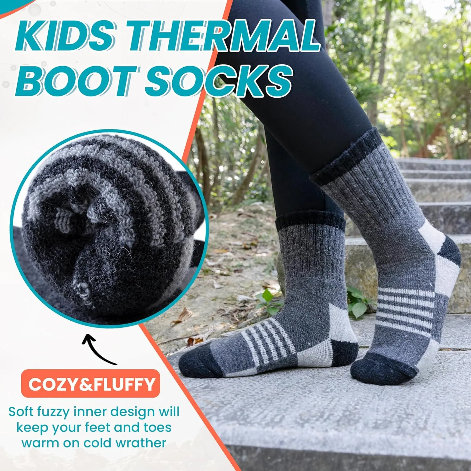 Velice Kids Merino Wool Hiking Socks Toddler Boys Girls Winter Warm Thermal Thick Cushion Crew Boot Socks 6 Pairs