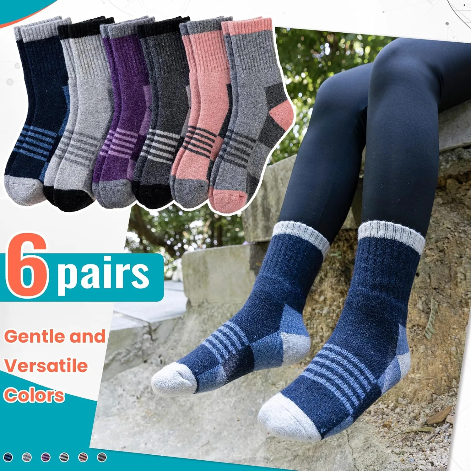 Velice Kids Merino Wool Hiking Socks Toddler Boys Girls Winter Warm Thermal Thick Cushion Crew Boot Socks 6 Pairs