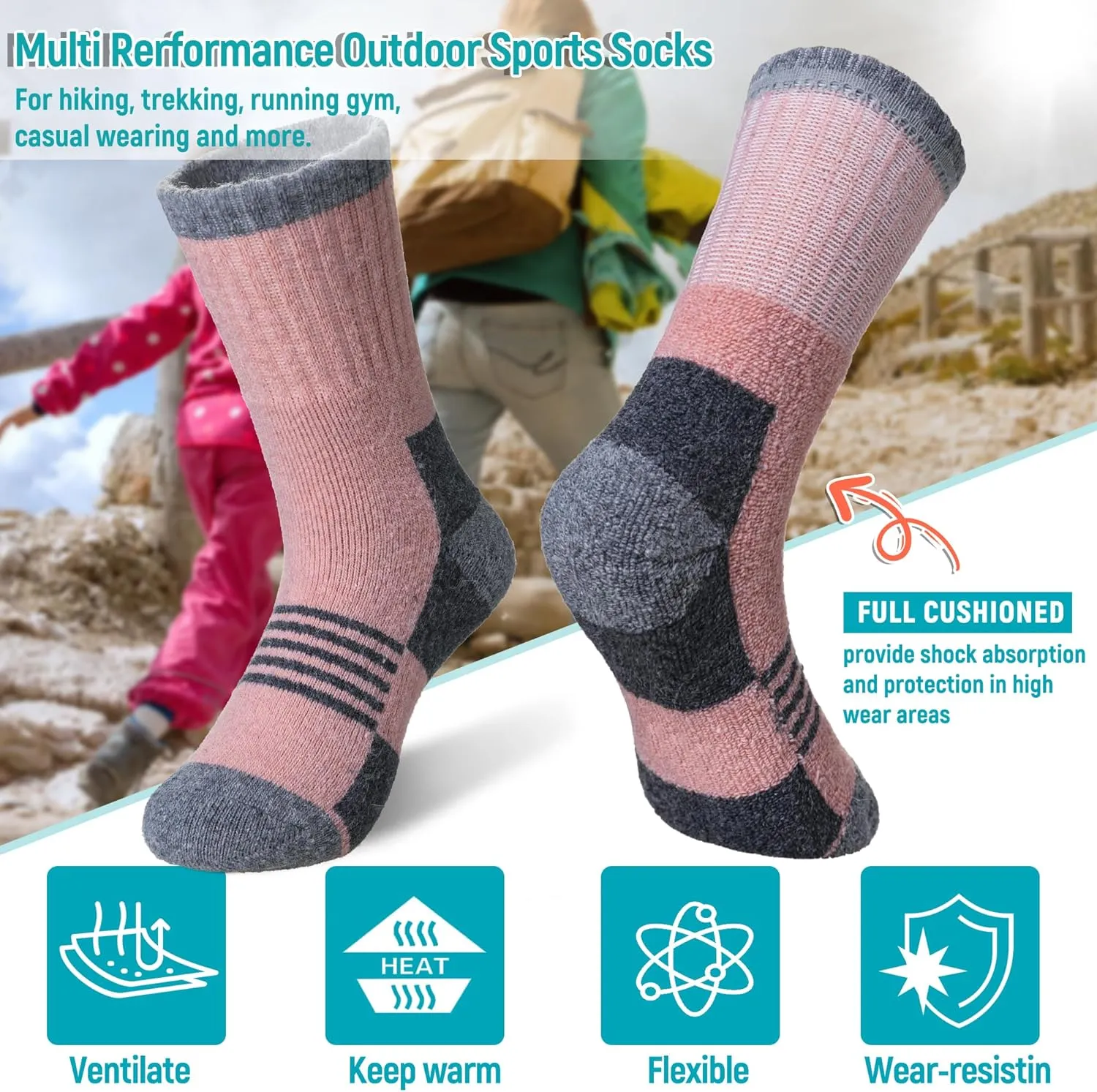 Velice Kids Merino Wool Hiking Socks Toddler Boys Girls Winter Warm Thermal Thick Cushion Crew Boot Socks 6 Pairs