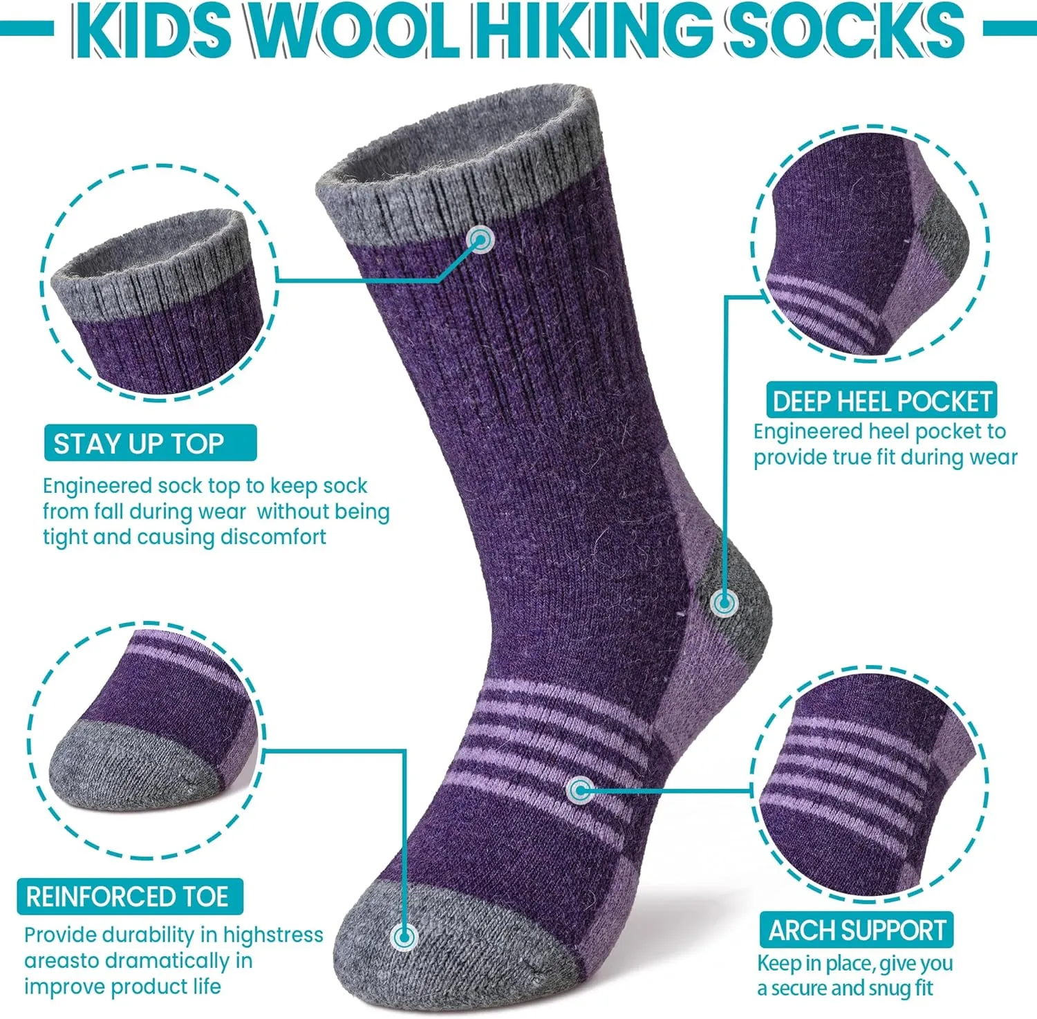 Velice Kids Merino Wool Hiking Socks Toddler Boys Girls Winter Warm Thermal Thick Cushion Crew Boot Socks 6 Pairs