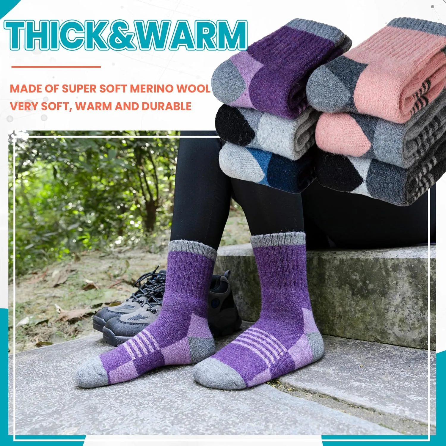 Velice Kids Merino Wool Hiking Socks Toddler Boys Girls Winter Warm Thermal Thick Cushion Crew Boot Socks 6 Pairs