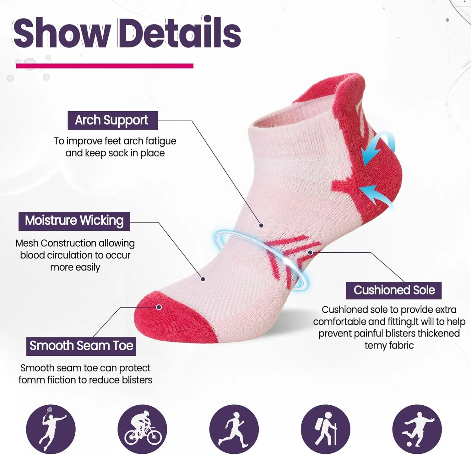 Velice Merino Wool Ankle Hiking Running Socks for Women Compression Thick Athletic Cushion Breathable No Show Socks 6 Pairs