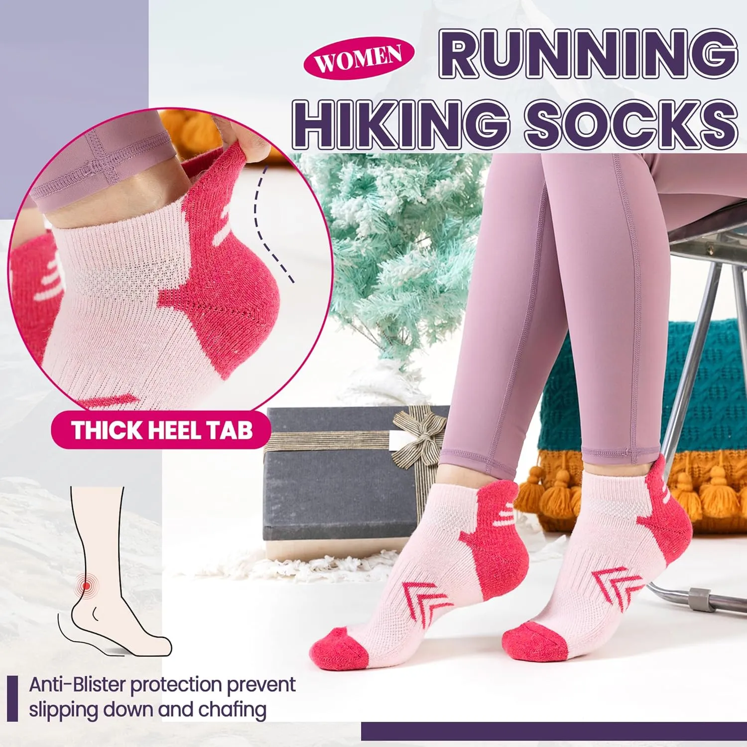 Velice Merino Wool Ankle Hiking Running Socks for Women Compression Thick Athletic Cushion Breathable No Show Socks 6 Pairs