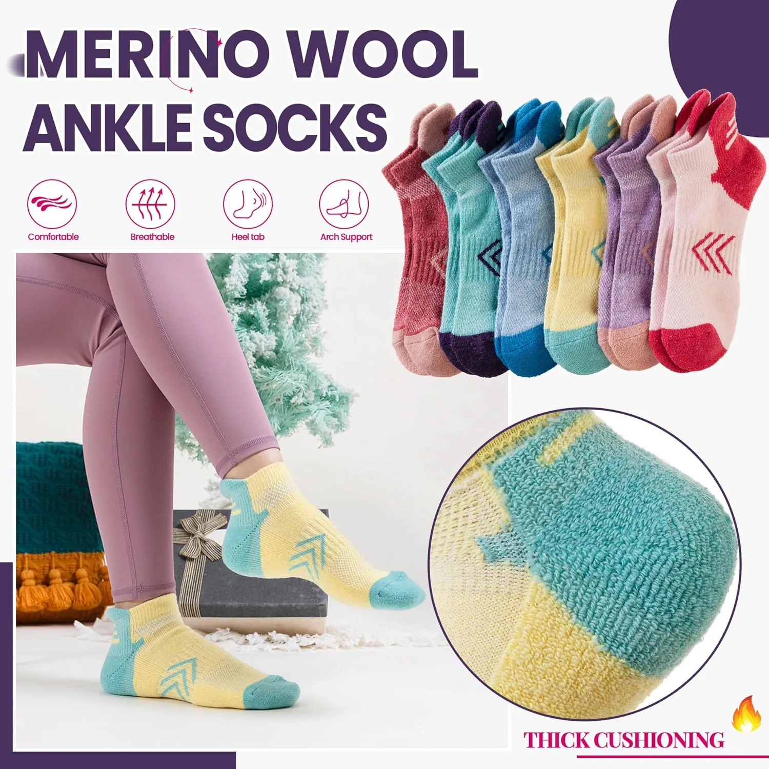 Velice Merino Wool Ankle Hiking Running Socks for Women Compression Thick Athletic Cushion Breathable No Show Socks 6 Pairs