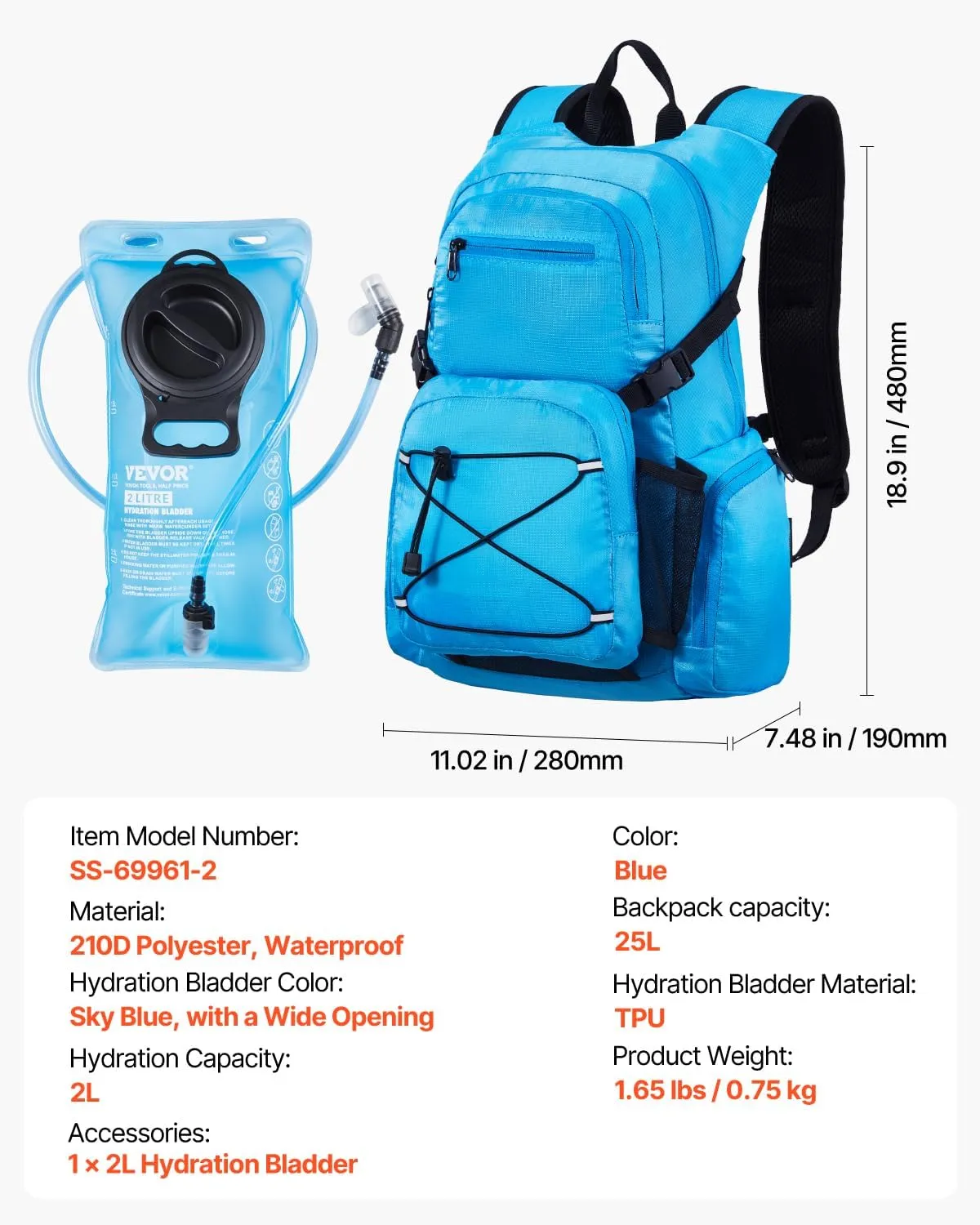VEVOR Hydration Backpack, Water Backpack with TPU Water Bladder, Tactical Molle Hiking Hydration Pack with Storage for Men Women, Hydro Water Daypack for Hiking Running Cycling Camping