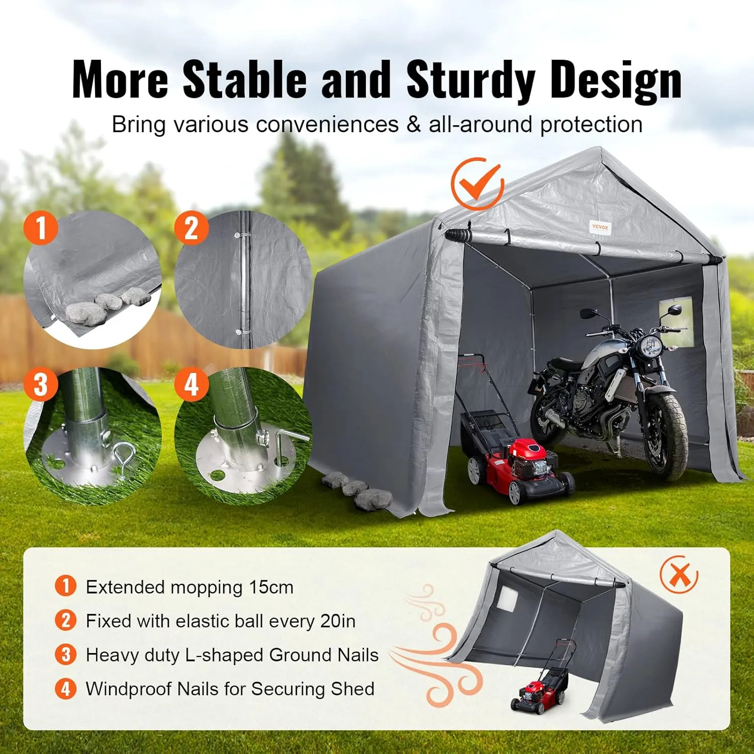 VEVOR Portable Shed Outdoor Storage Shelter, 8x14 ft Waterproof Heavy Duty Instant Storage Tent Tarp Sheds with Roll-up Zipper Door and Ventilated Windows for Motorcycle, Bike, Garden Tools