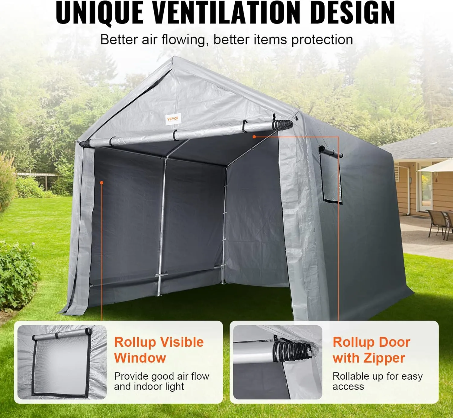 VEVOR Portable Shed Outdoor Storage Shelter, 8x14 ft Waterproof Heavy Duty Instant Storage Tent Tarp Sheds with Roll-up Zipper Door and Ventilated Windows for Motorcycle, Bike, Garden Tools