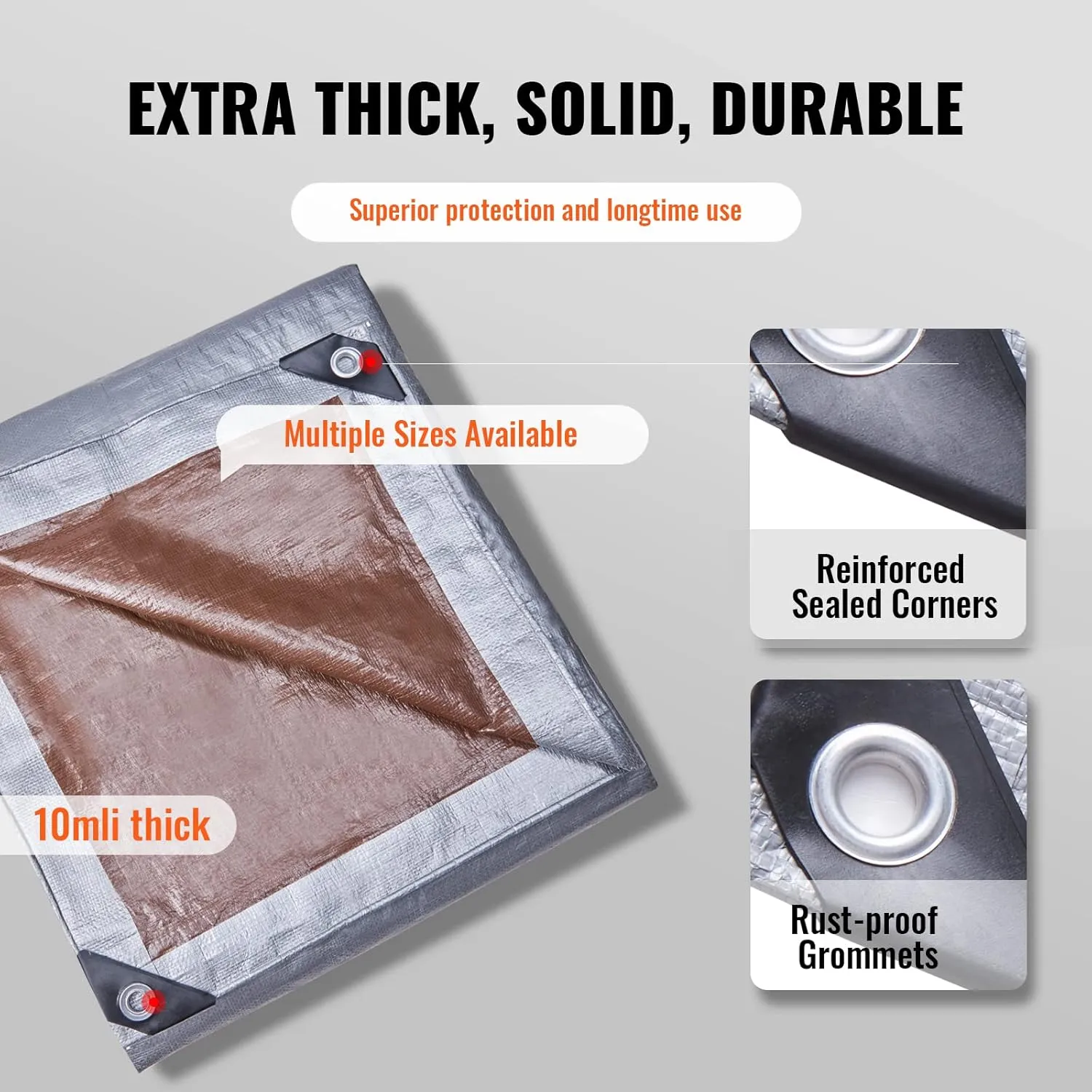 VEVOR Tarp Waterproof 20x30 ft, Plastic Poly Tarp Cover 10 Mil, Multi Purpose Tear UV and Temperature Resistant Outdoor Tarpaulin with High Durability Reinforced Grommets (Silver/Brown)