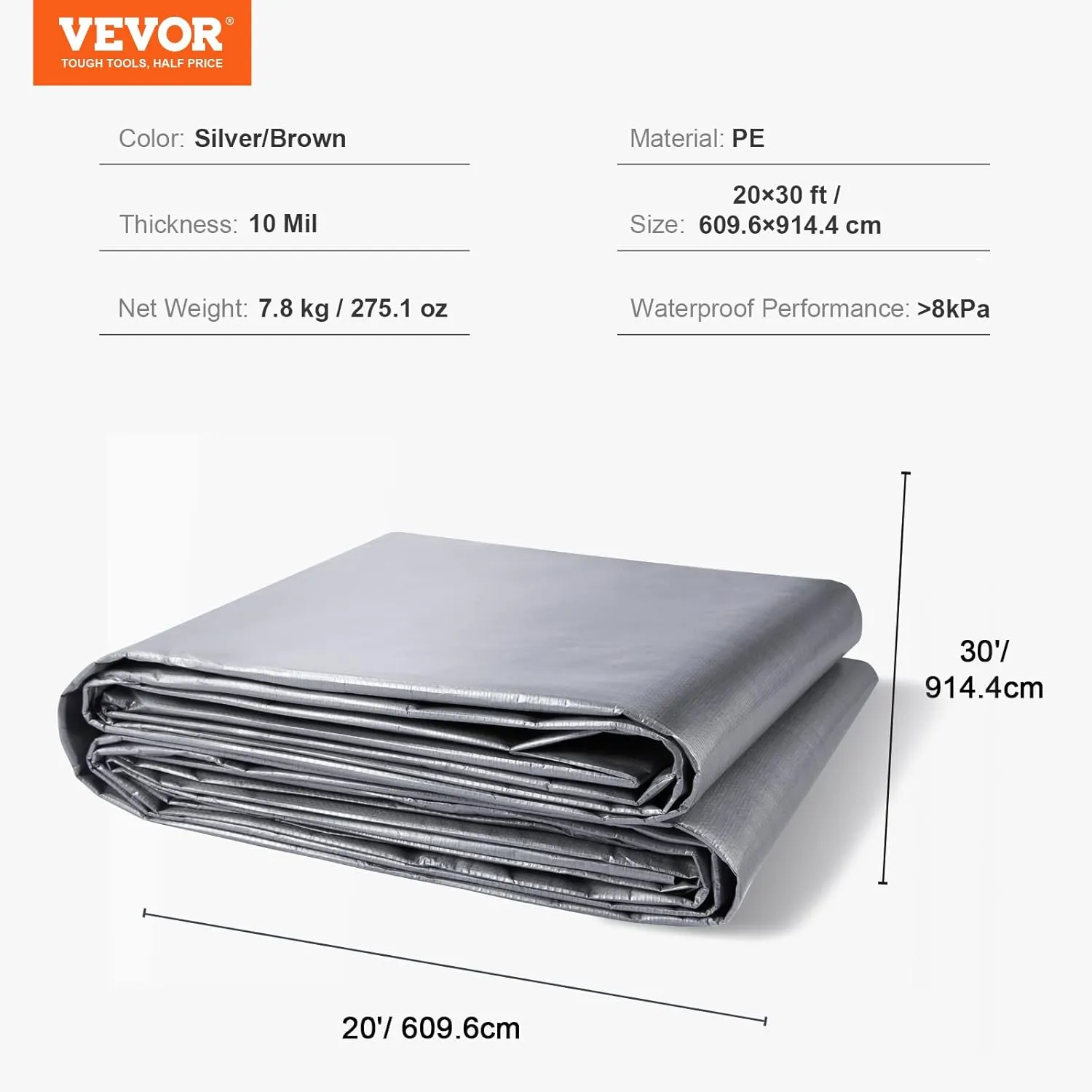 VEVOR Tarp Waterproof 20x30 ft, Plastic Poly Tarp Cover 10 Mil, Multi Purpose Tear UV and Temperature Resistant Outdoor Tarpaulin with High Durability Reinforced Grommets (Silver/Brown)