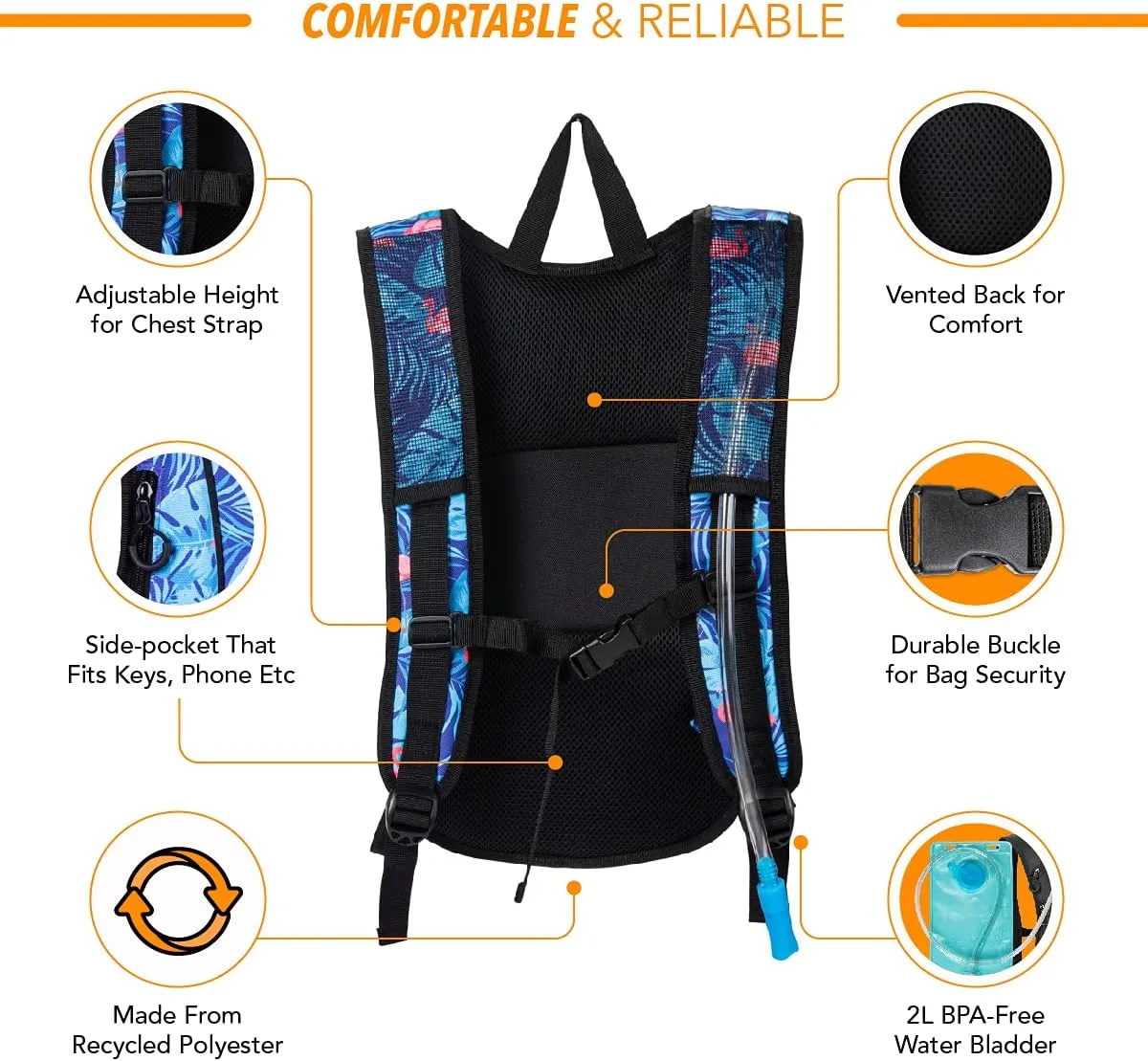 Vibe Festival Gear Hydration Pack Backpack with 2L Water Bladder for Women, Men, Teens, Kids - Hydropack Hydro Sports, Outdoor, Running, Camping, Hiking, Festivals, Raves