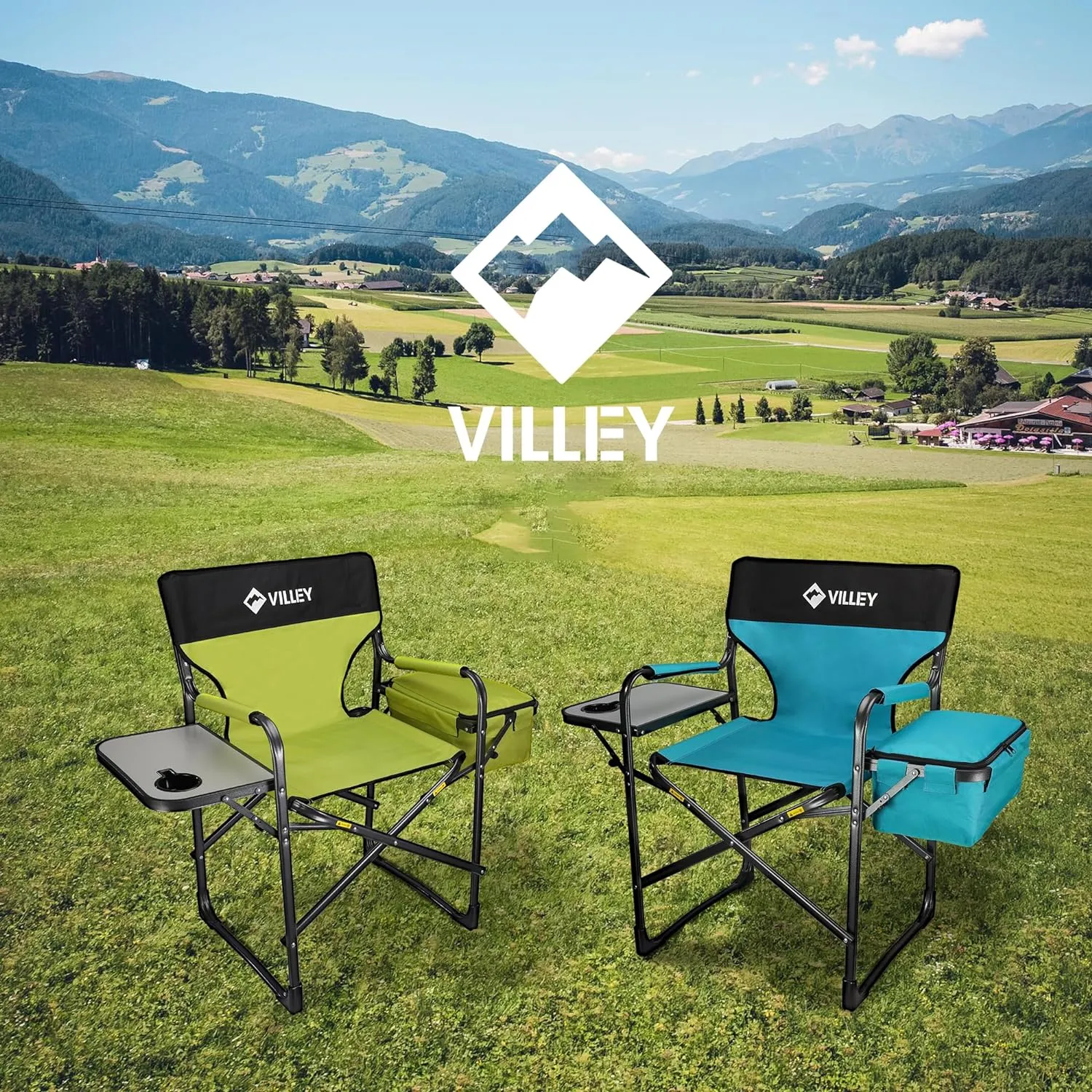 VILLEY Heavy Duty Directors Chair, Folding Camping Chairs, with Cooler Bag Portable Foldable Chair, for Camp Tailgating Lawn Picnic Fishing Beach, Supports 400 LBS, Blue