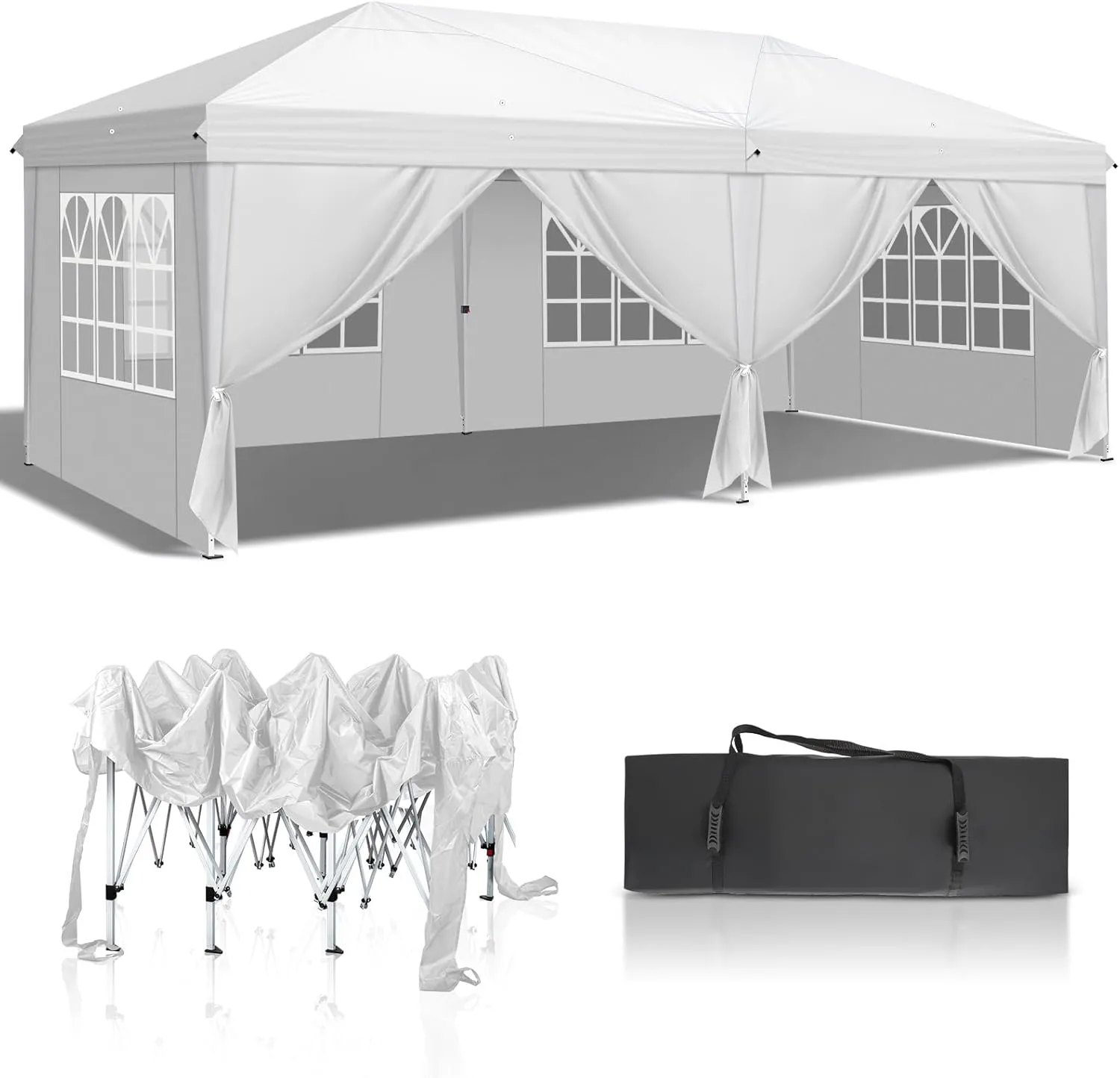 VINGLI 10'x20' Ez Pop Up Canopy Tent with 6 Removable Sidewalls Panels,Folding Instant Wedding Party Outdoor Commercial Event Gazebo Pavilion W/ Portable Rolling Carrying Bag,White