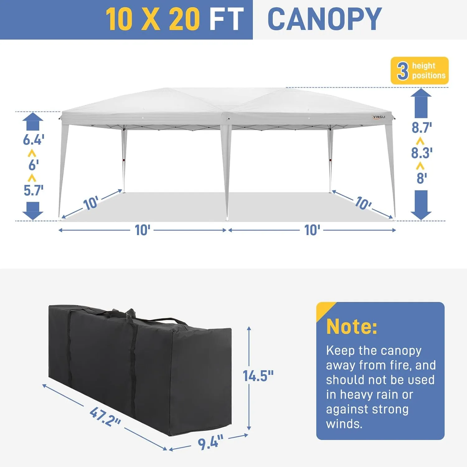 VINGLI 10'x20' Ez Pop Up Canopy Tent with 6 Removable Sidewalls Panels,Folding Instant Wedding Party Outdoor Commercial Event Gazebo Pavilion W/ Portable Rolling Carrying Bag,White