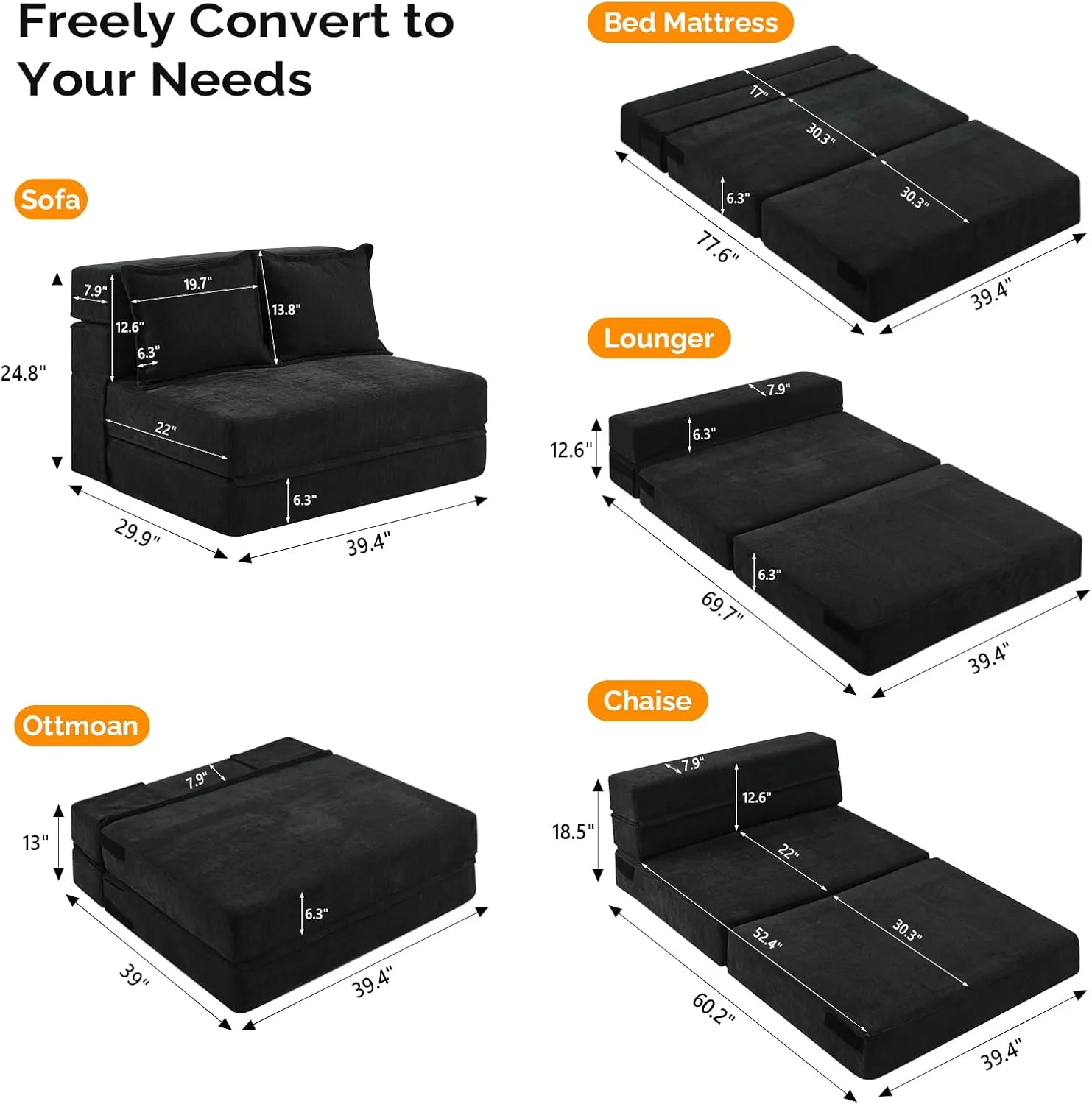 VINGLI Futon Sofa Bed, 5-in-1 Convertible Sleeper Sofa Chair RV Furniture Pull Out Floor Bed Couch for Small Spaces, Living Room, Bedroom with 2 Throw Pillows, Carry Bag