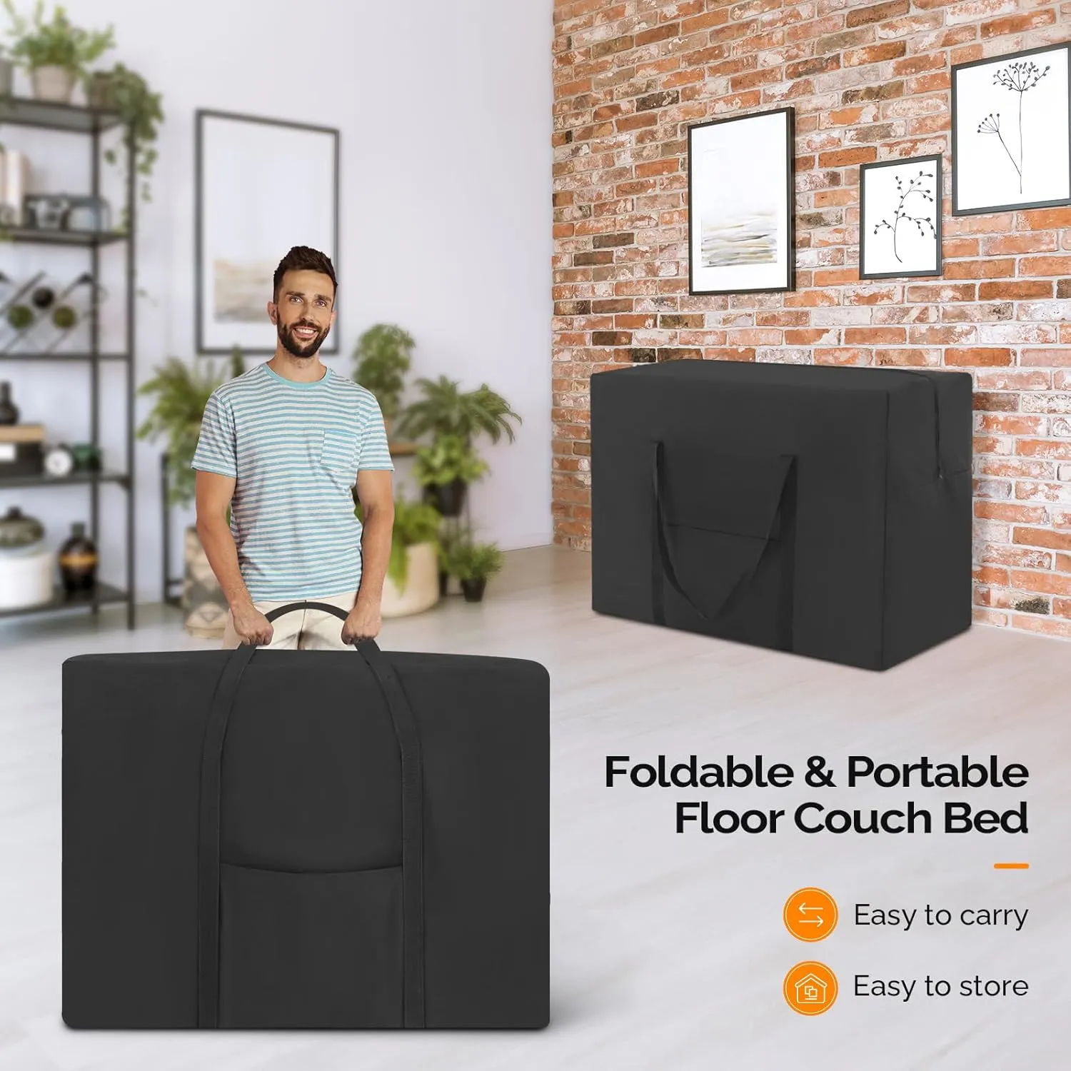 VINGLI Futon Sofa Bed, 5-in-1 Convertible Sleeper Sofa Chair RV Furniture Pull Out Floor Bed Couch for Small Spaces, Living Room, Bedroom with 2 Throw Pillows, Carry Bag