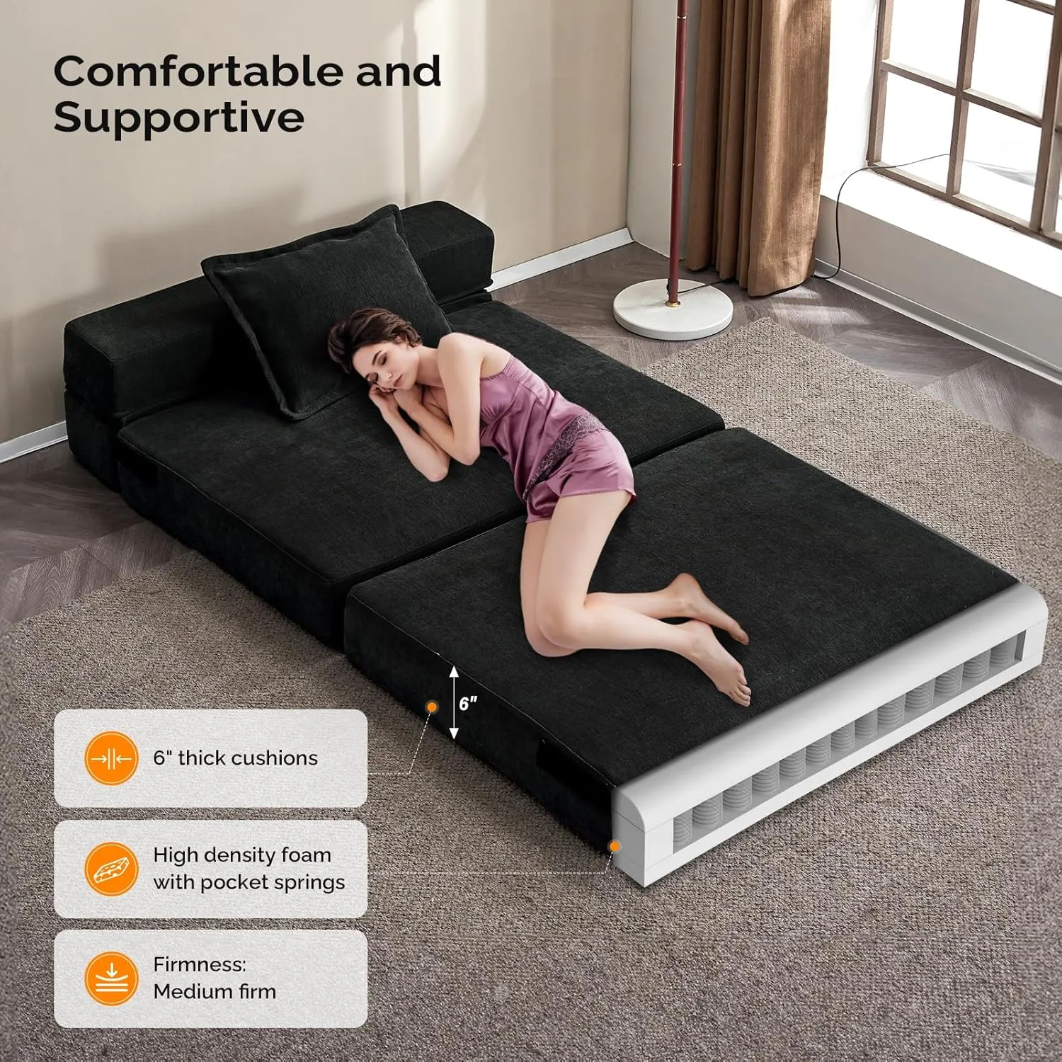 VINGLI Futon Sofa Bed, 5-in-1 Convertible Sleeper Sofa Chair RV Furniture Pull Out Floor Bed Couch for Small Spaces, Living Room, Bedroom with 2 Throw Pillows, Carry Bag