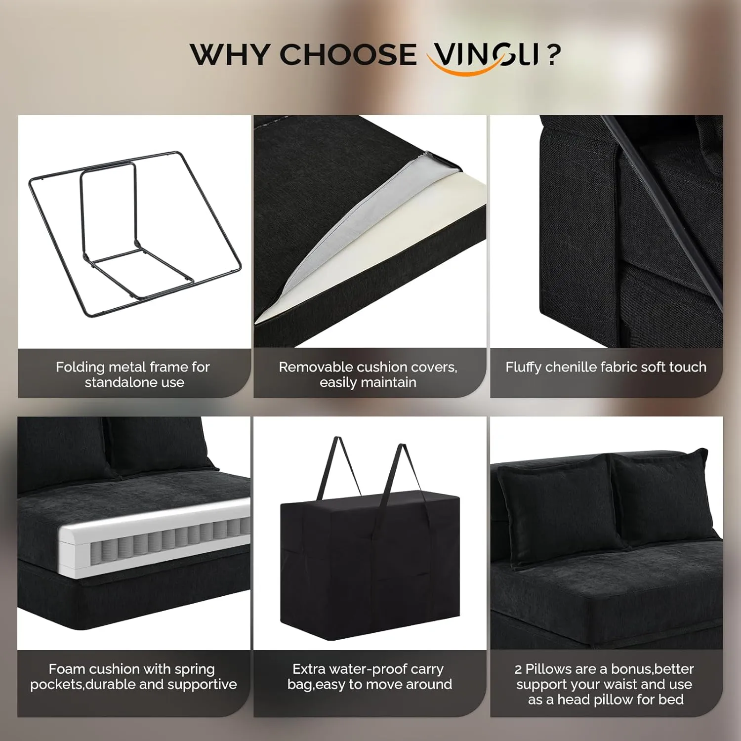 VINGLI Futon Sofa Bed, 5-in-1 Convertible Sleeper Sofa Chair RV Furniture Pull Out Floor Bed Couch for Small Spaces, Living Room, Bedroom with 2 Throw Pillows, Carry Bag