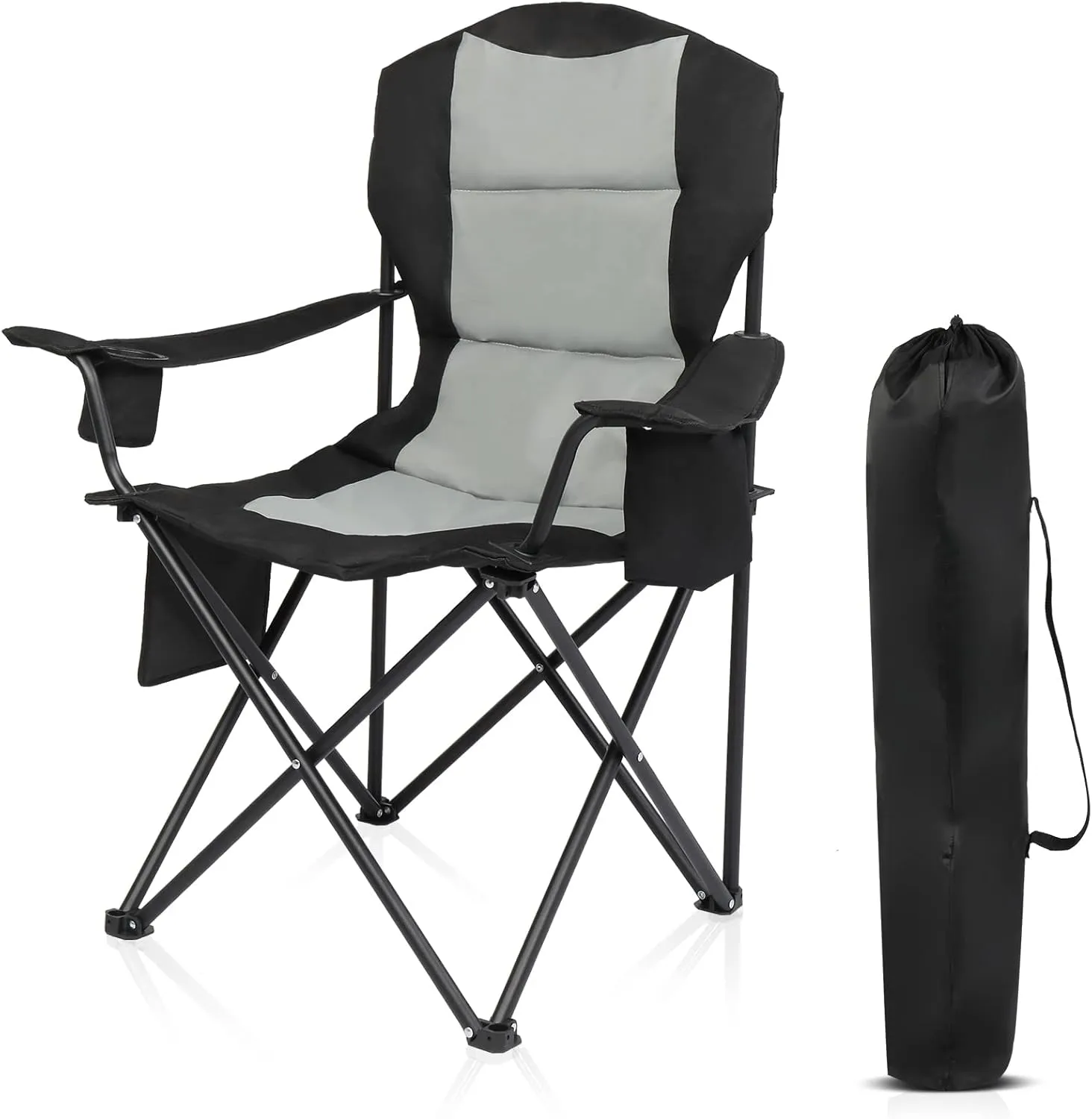 VINGLI Outdoor Padded Camping Chair with Cooler, Cup Holder, Side Pocket, Portable Tailgate Chairs for Adults Folding Lawn Chair with Carry Bag, Support 400lbs
