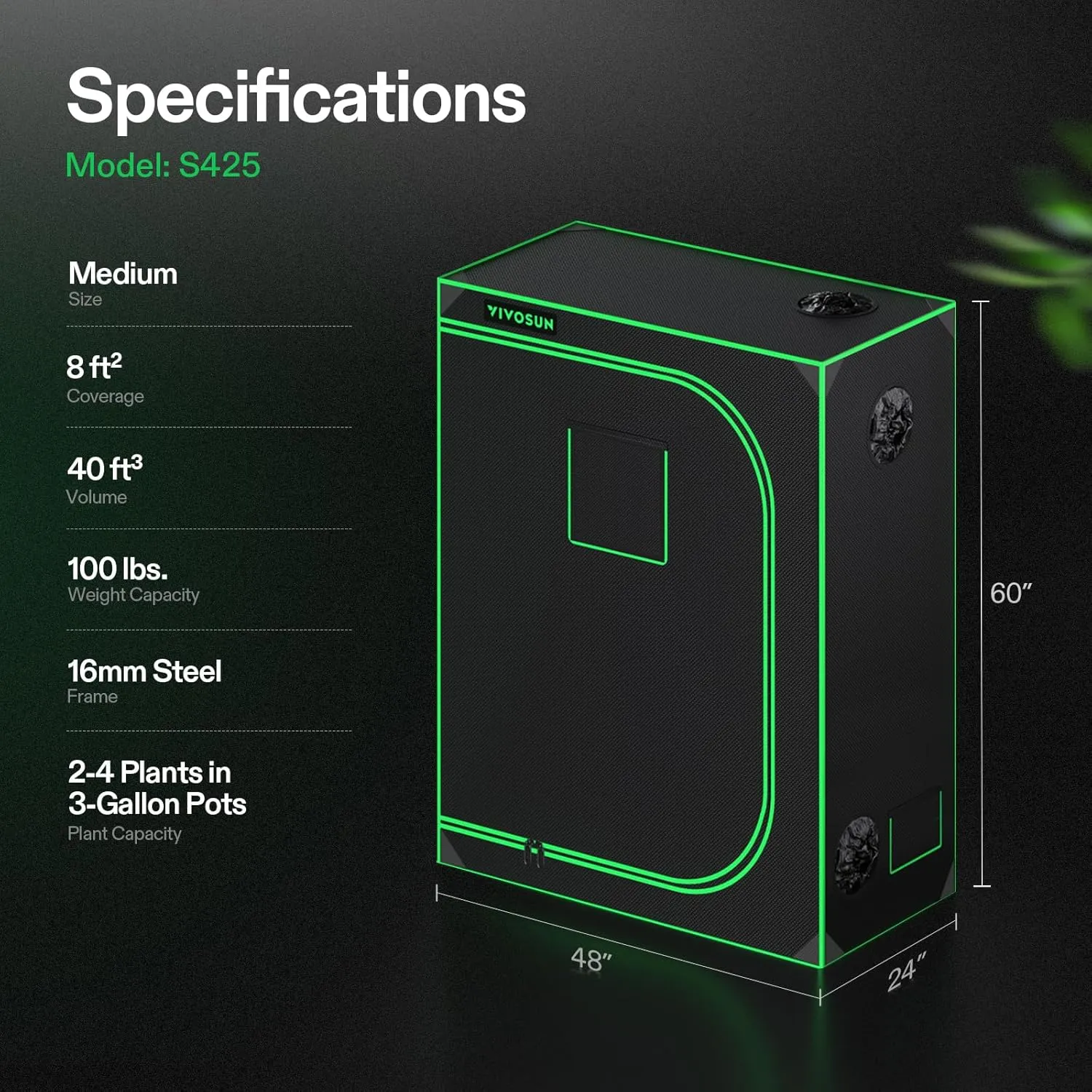 VIVOSUN S425 4x2 Grow Tent, 48"x24"x60" High Reflective Mylar with Observation Window and Floor Tray for Hydroponics Indoor Plant for VS2000