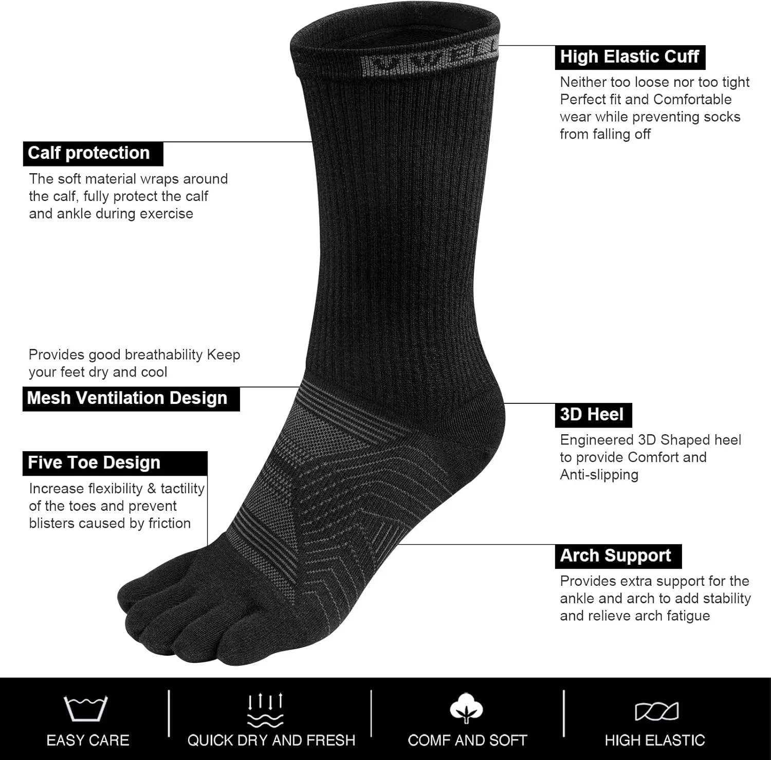 VWELL Toe Socks for Men Women Running COOLMAX Mid-Calf Finger Socks Athletic Breathable Five Toe Design Quick Dry, 3Pairs
