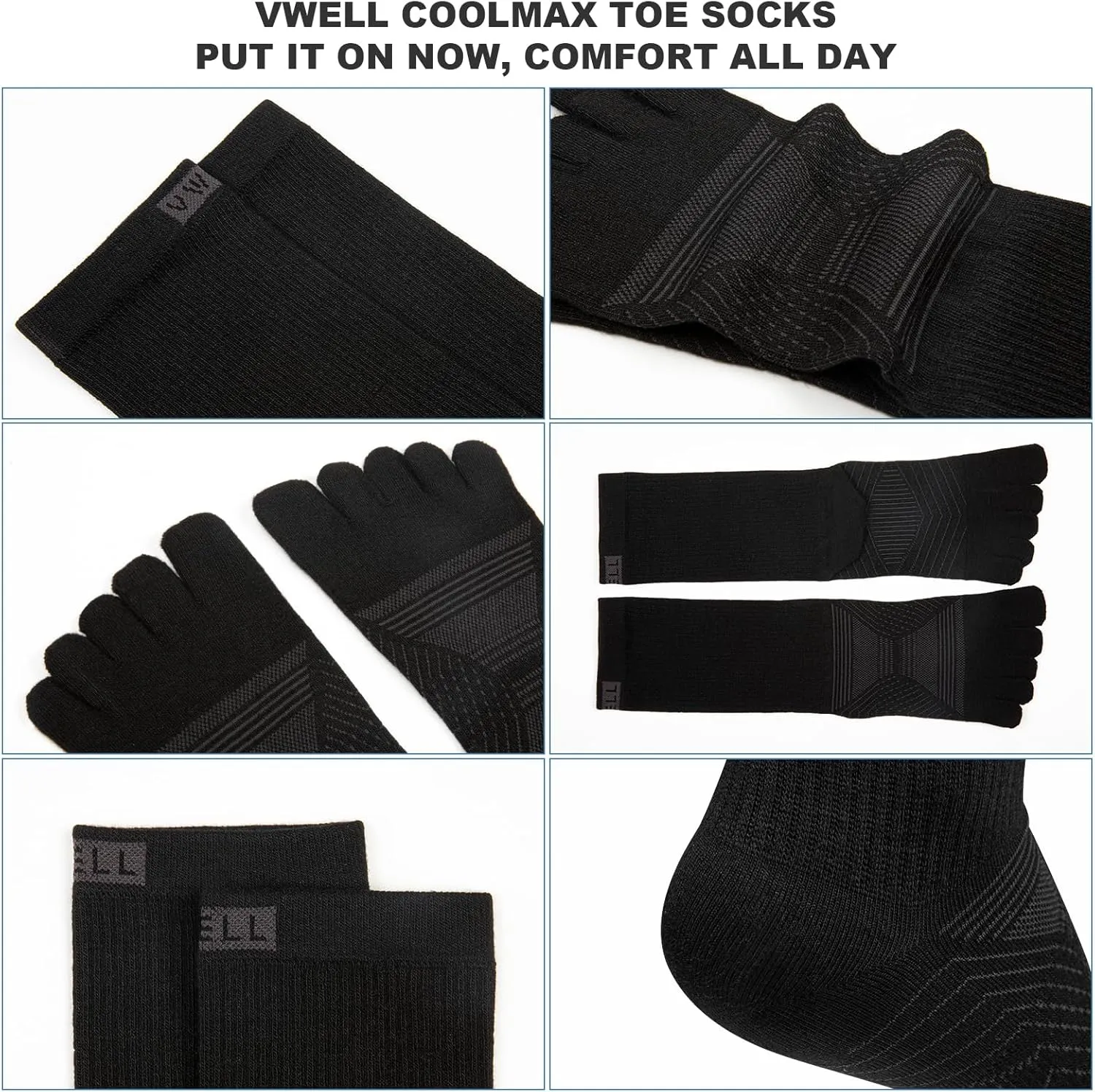 VWELL Toe Socks for Men Women Running COOLMAX Mid-Calf Finger Socks Athletic Breathable Five Toe Design Quick Dry, 3Pairs